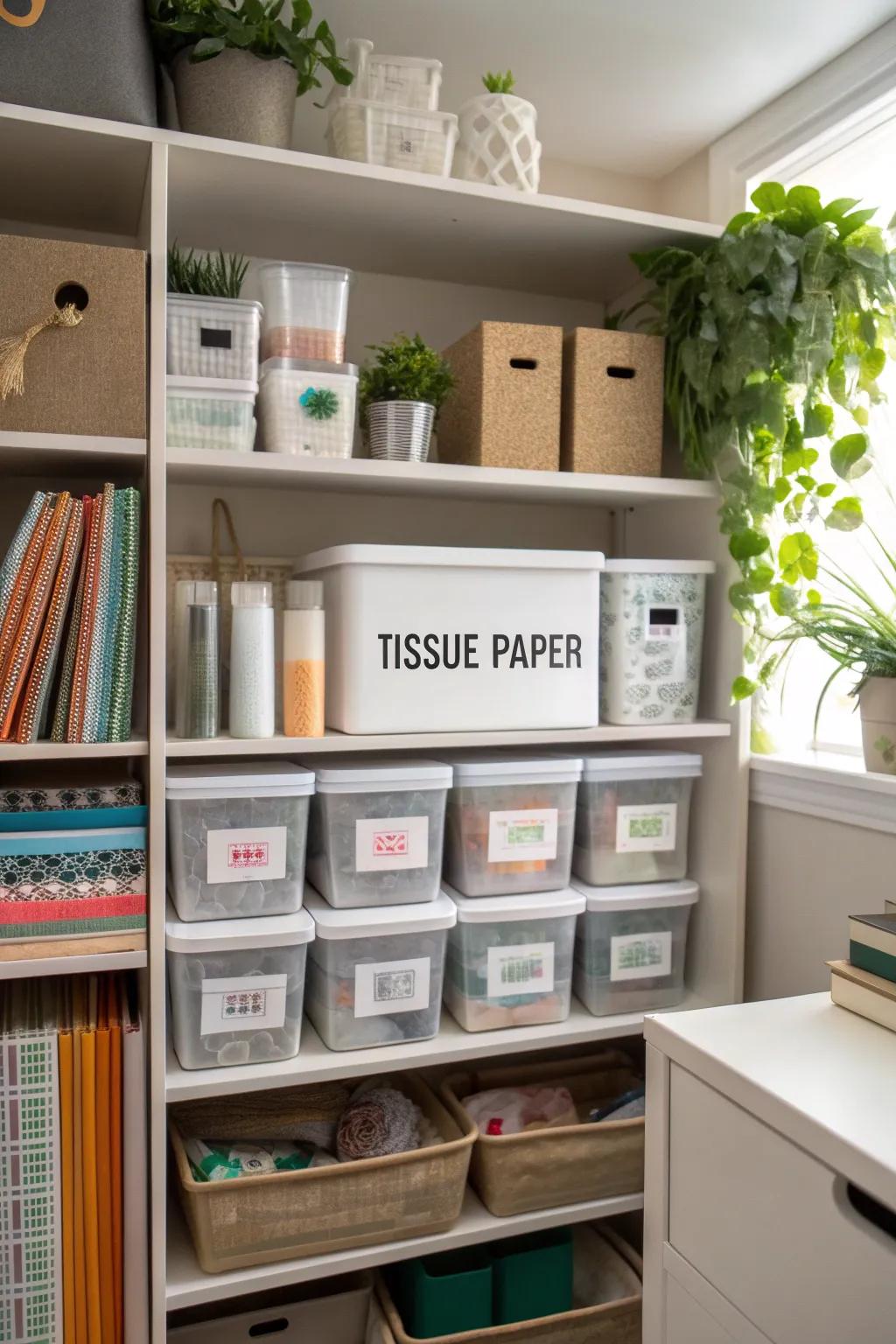 Labeled storage boxes simplify tissue paper retrieval.