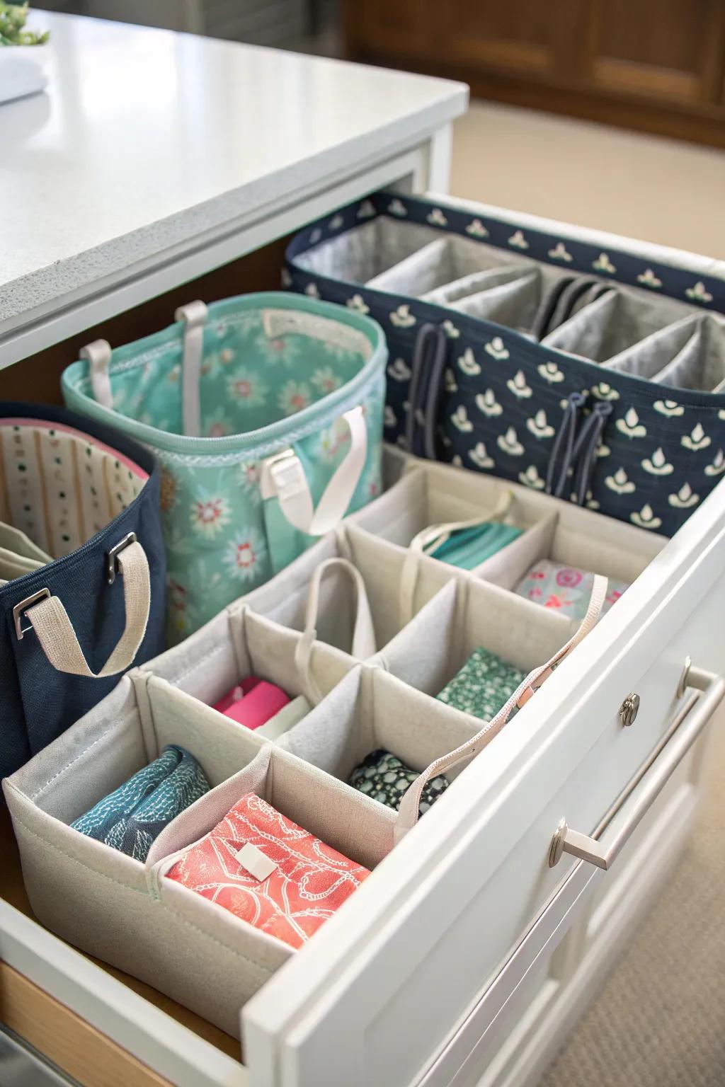 Drawer separators help keep tote bags organized.