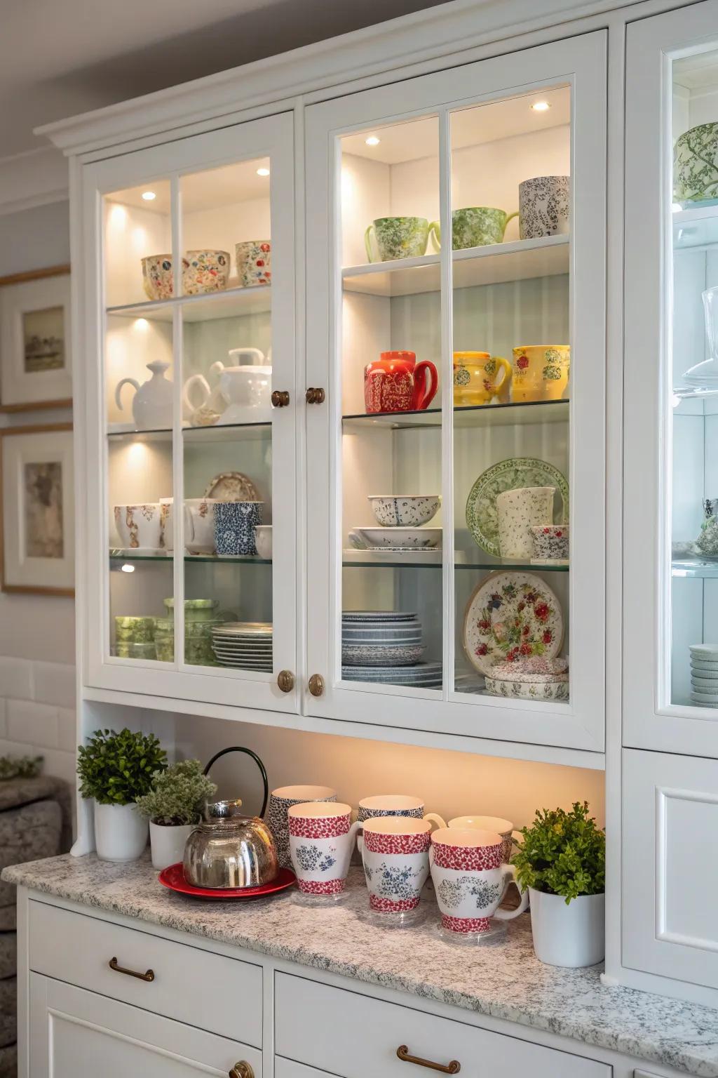 A thematic tea corner injecting enjoyment and utility into glass cabinets.