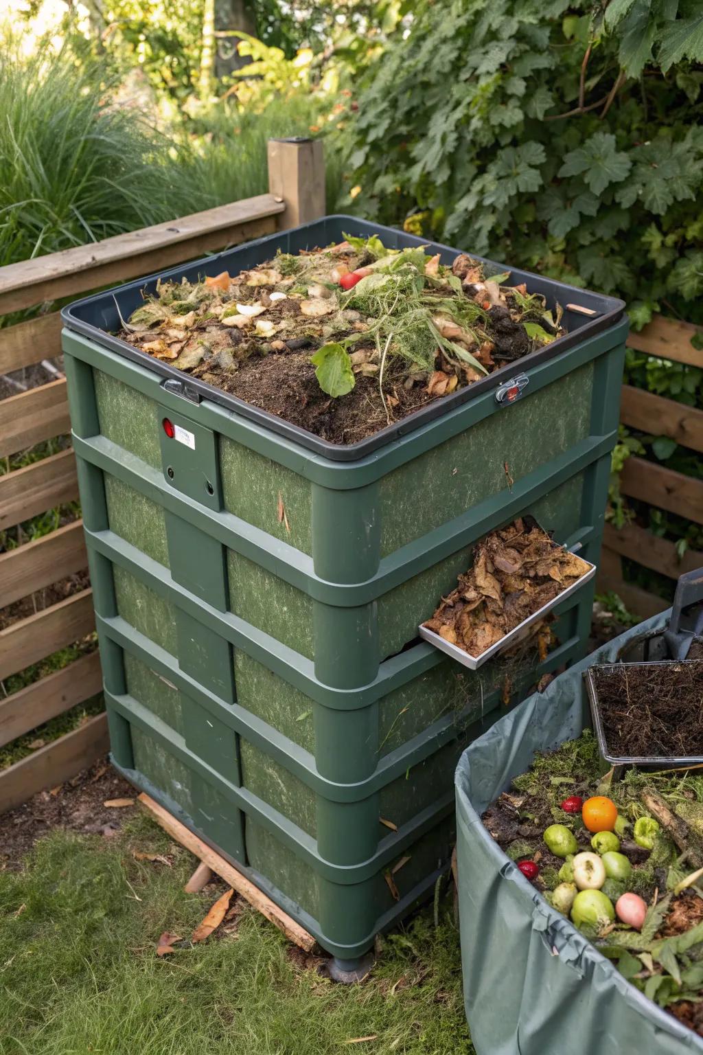 Optimal breakdown is achieved via a compost bin that displays perfectly layered green and brown materials.