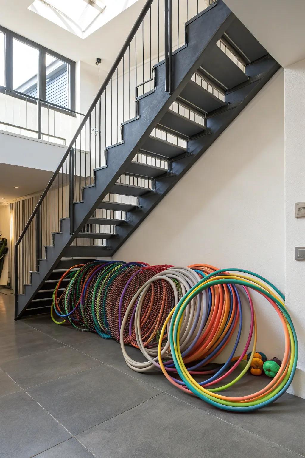 Playful rings cleverly stowed under a stairwell, thereby making use of space that is frequently neglected efficiently.