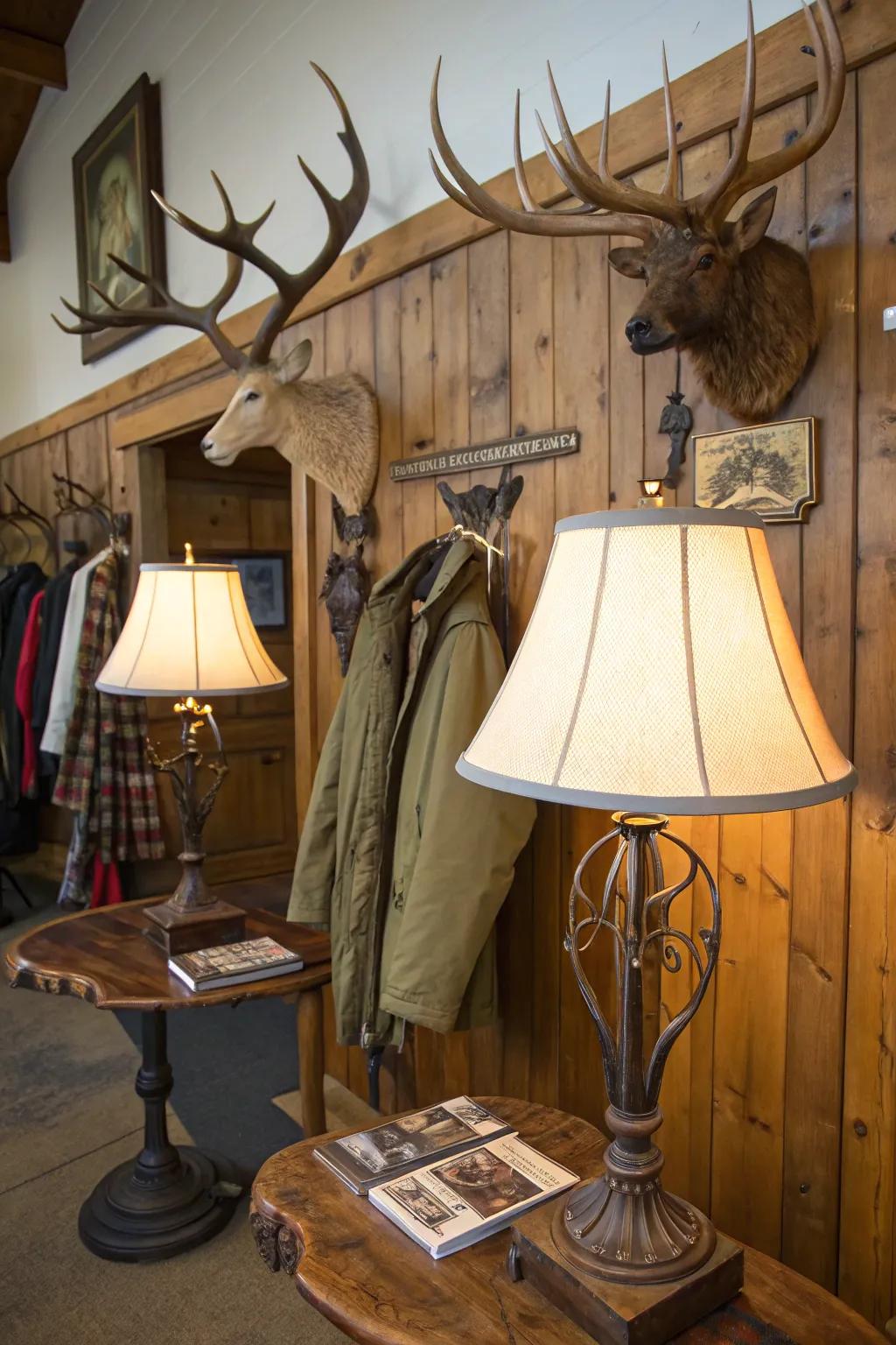Horn decor combines functionality with rustic charm.