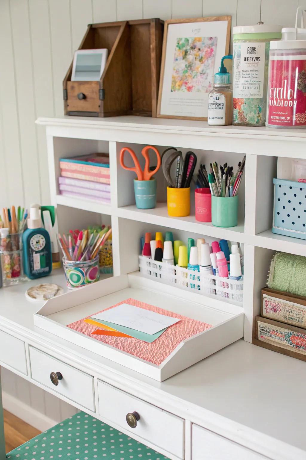 Unleash your ingenuity through a cupboard top artistry station.