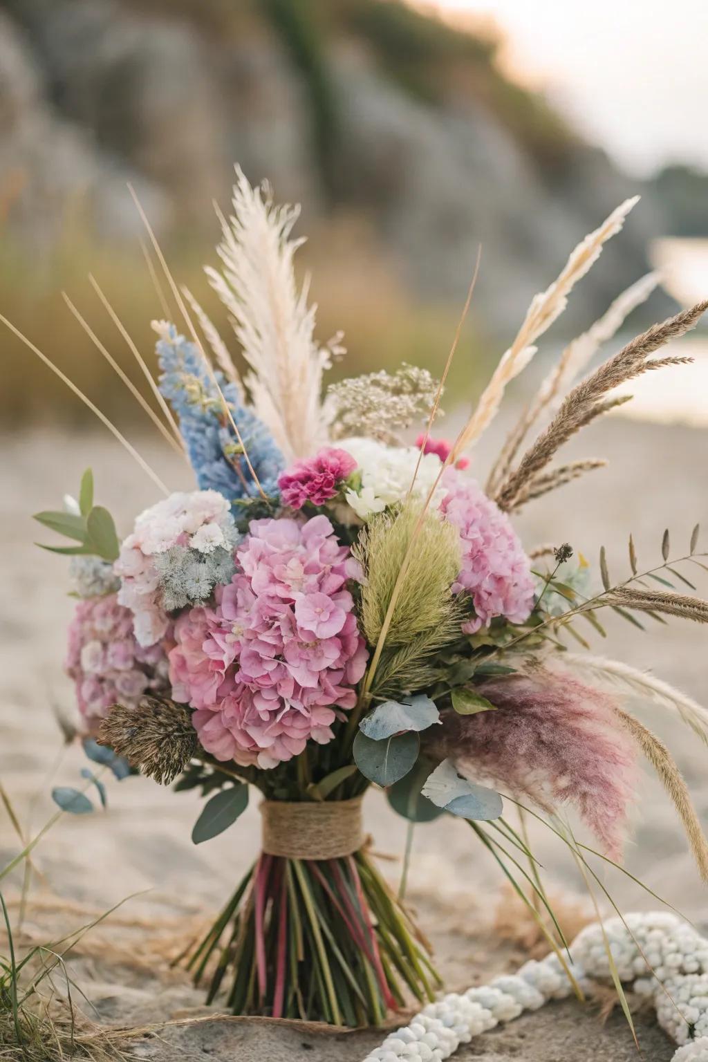 A free spirit bouquet with cloudburst blooms, feathers, and wild grasses.