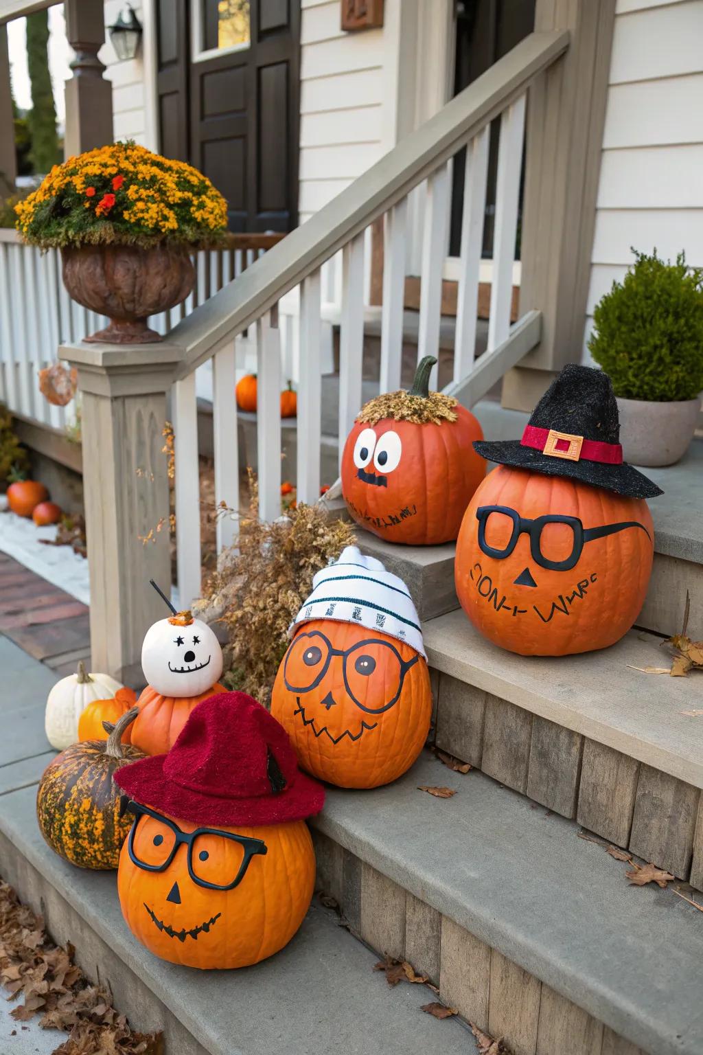 Pumpkins with persona infusing amusement and persona to the ornamentation.