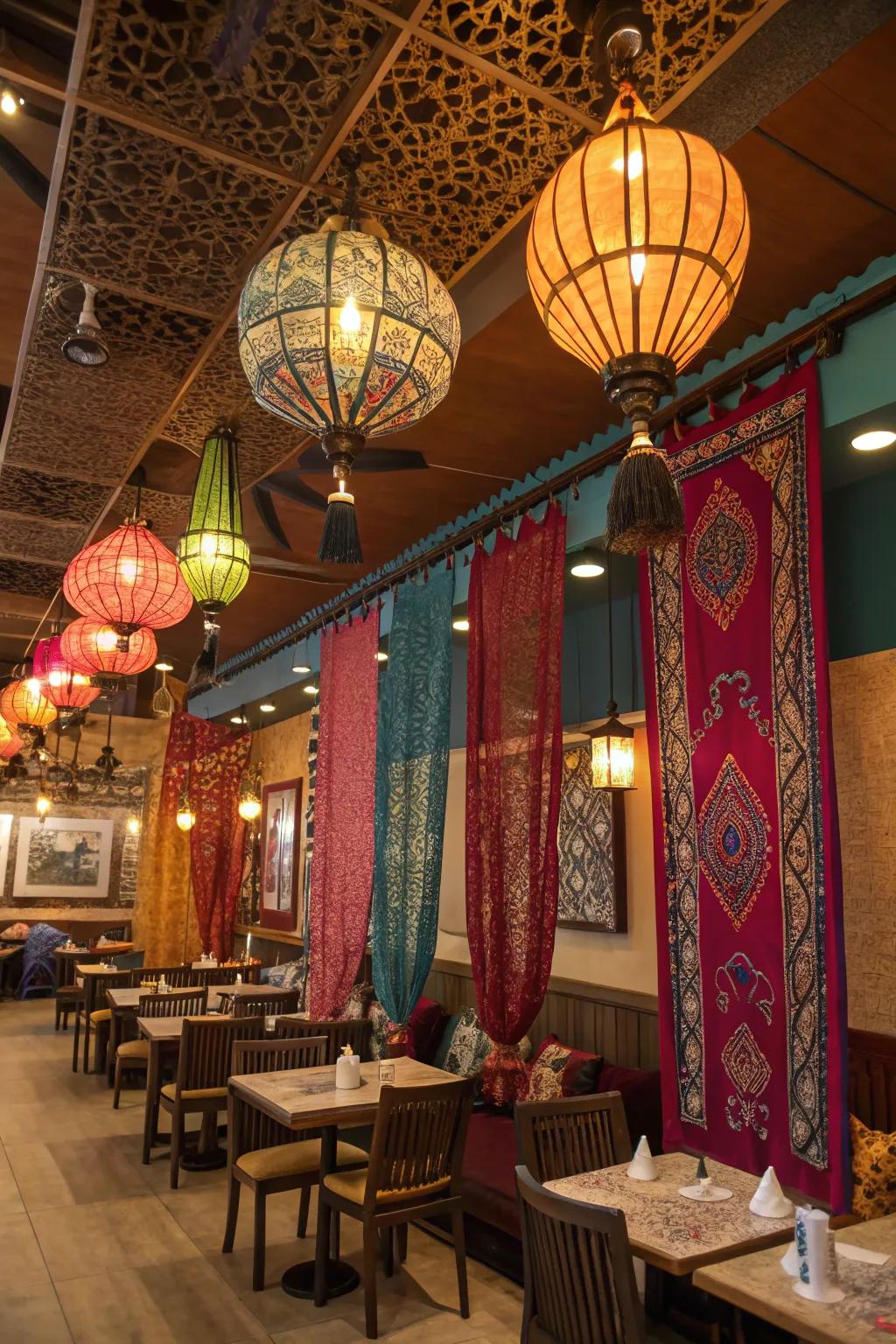 Creative utilization of vertical dimension in an Indian restaurant with dangling decor.