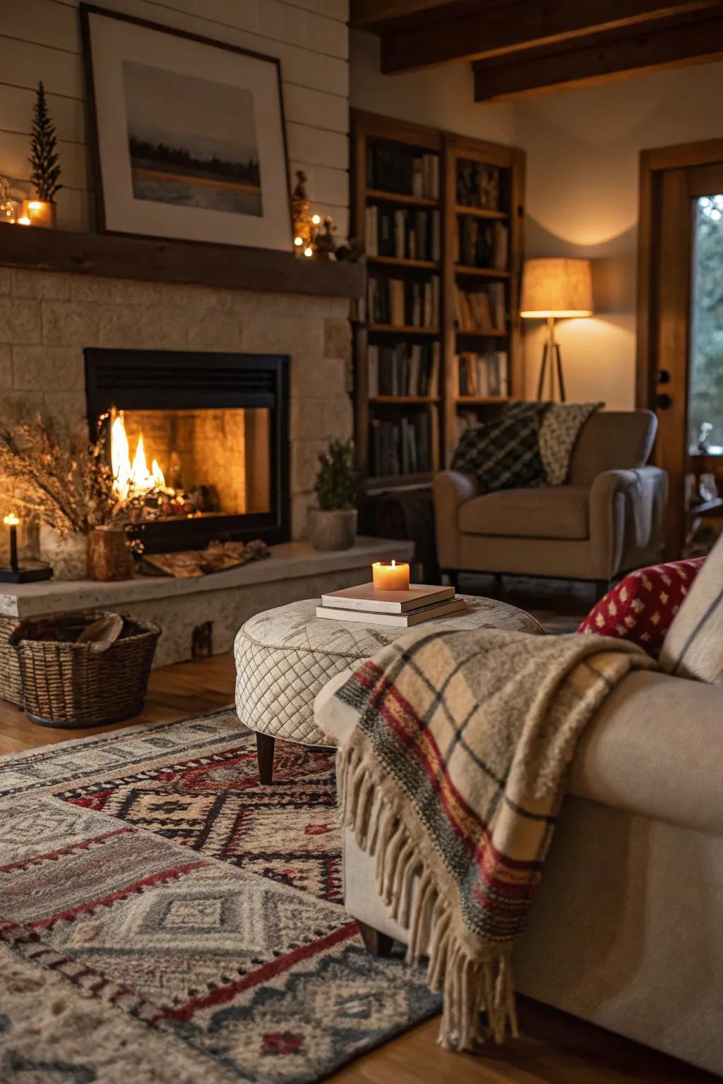 A welcoming living room with a thermal center, enriched by layered rugs and throws for added warmth.