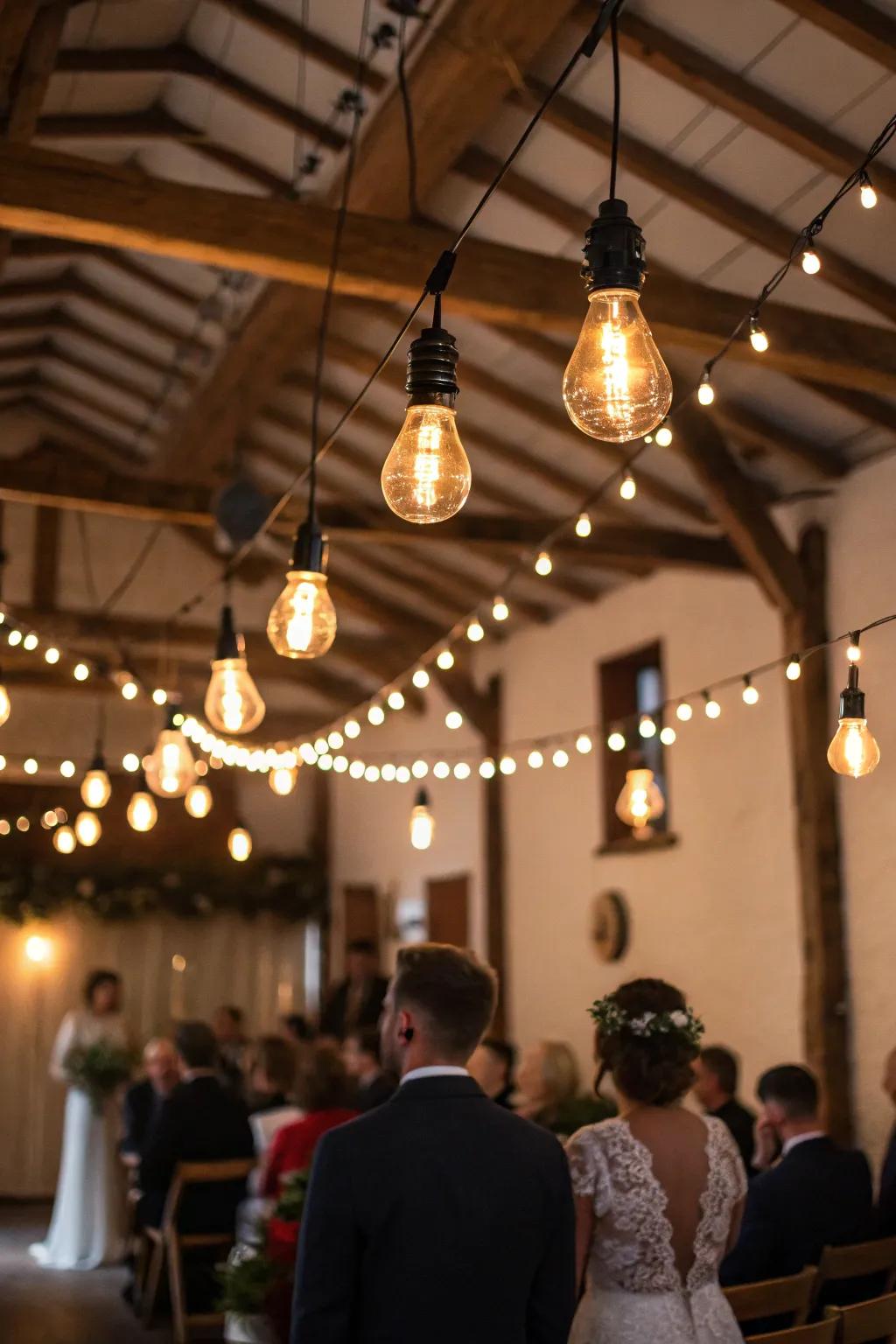 Edison bulbs adding simple charm with a new twist to the wedding.