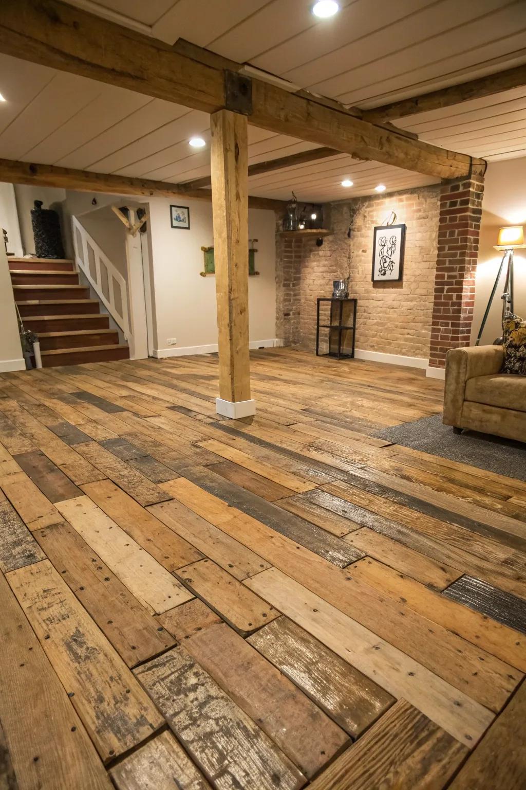 Pallet wood floors bring a rustic and eco-friendly touch.