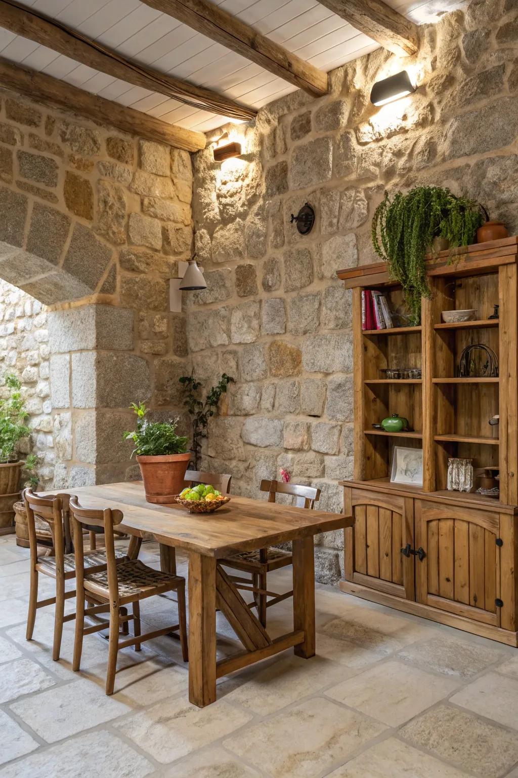 Organic materials like stone and timber fashion an organic touch.