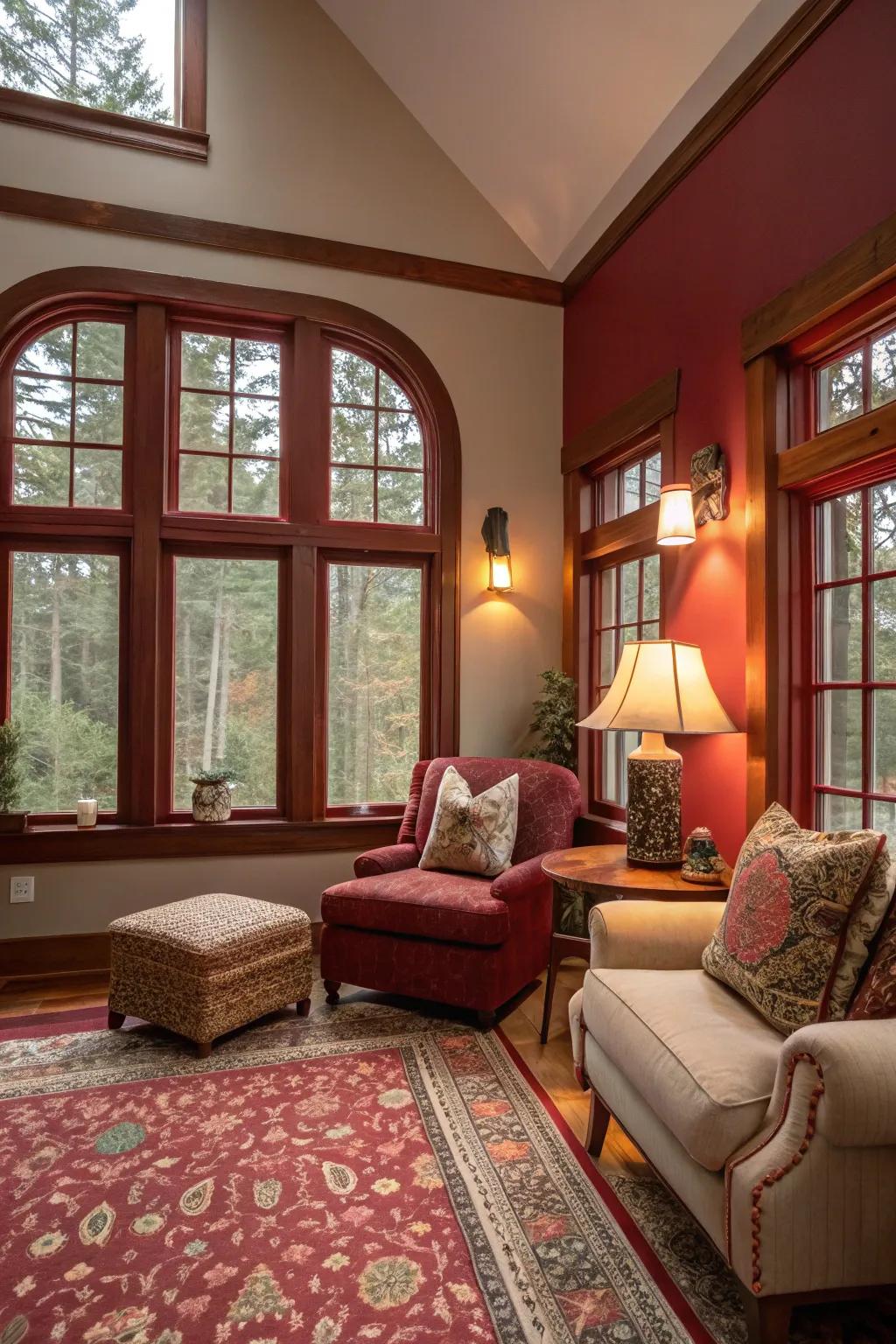 Deep crimson trims contribute warmth and coziness to your space.