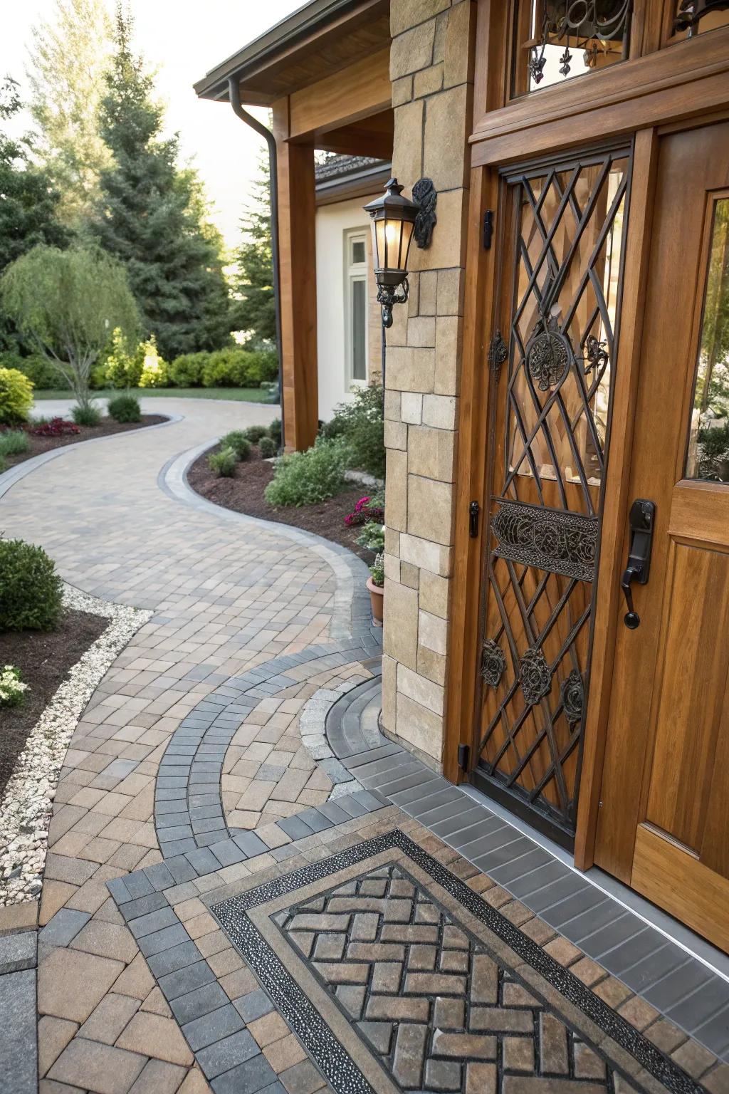 Opposing materials create a bold, modern entrance.