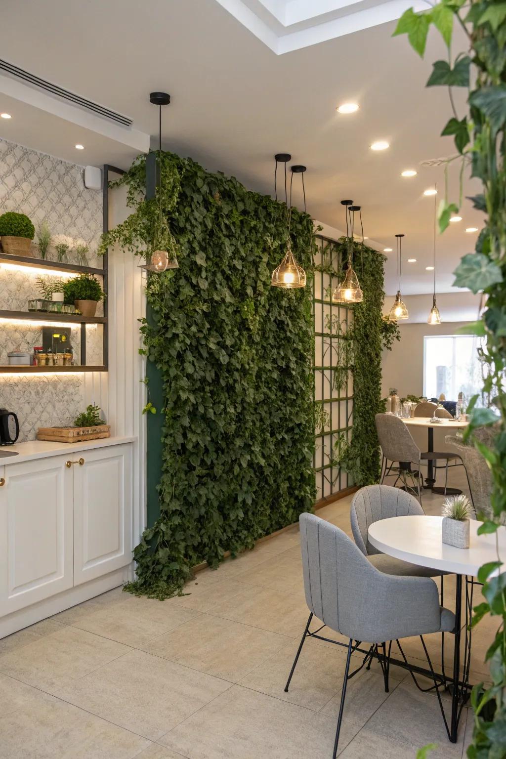 A greenery wall functioning as a chic space divider, contributing seclusion and verdure.