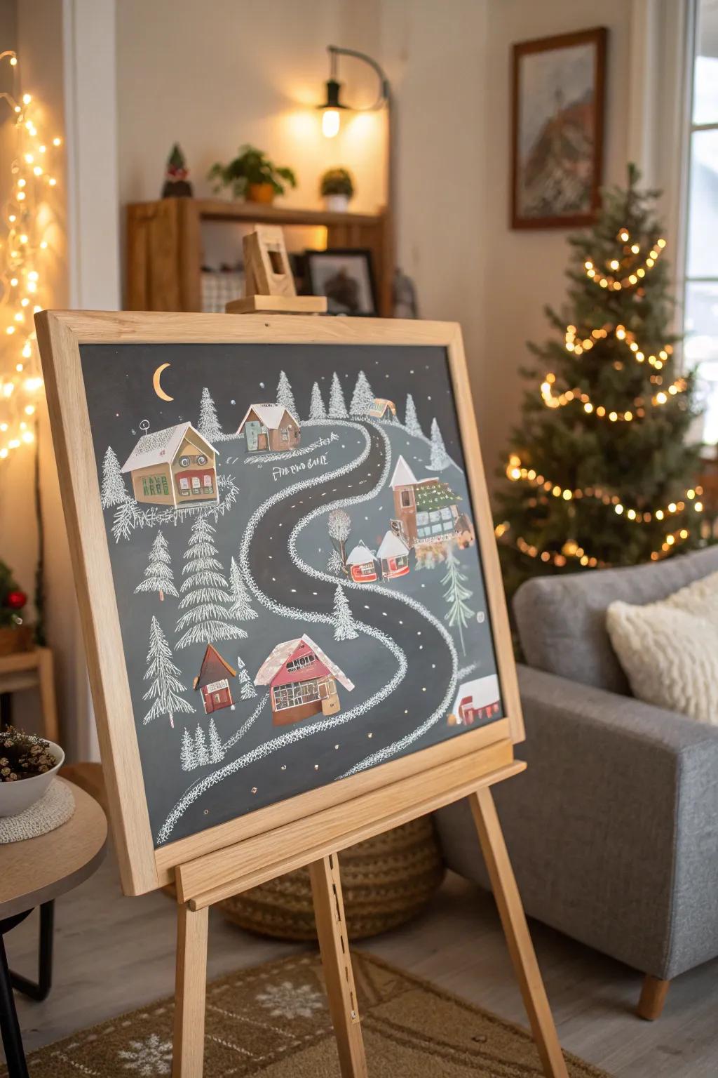 Transport yourself to a snow-draped hamlet through chalkboard artistry.