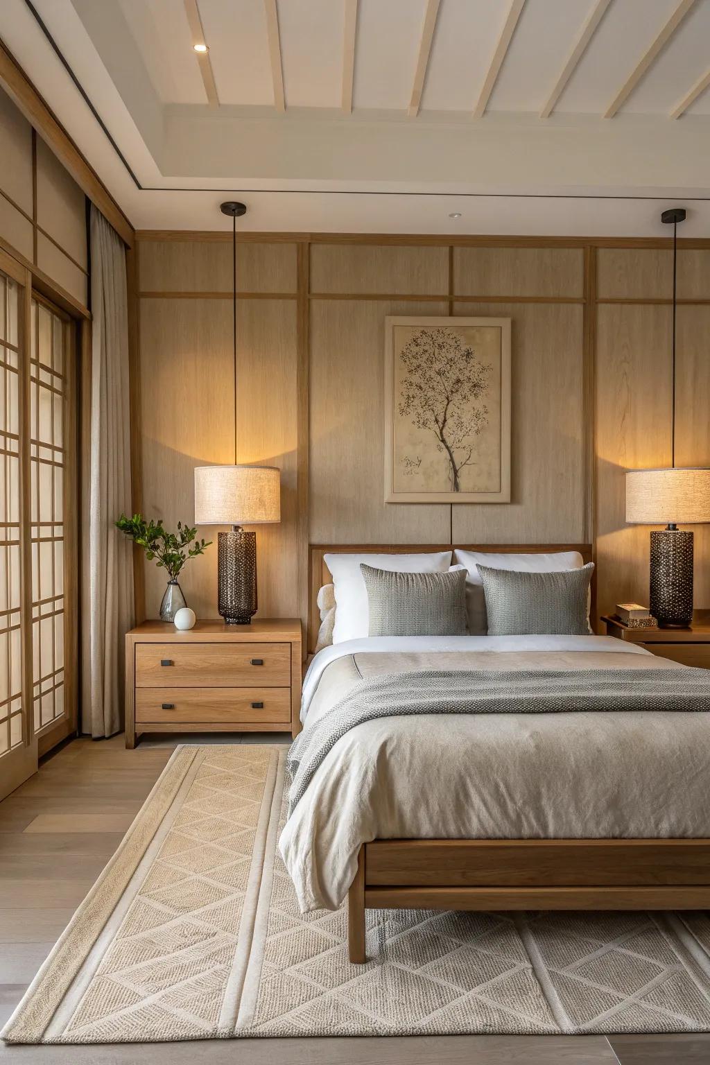 Symmetry cultivates balance and tranquility in this thoughtfully designed space.