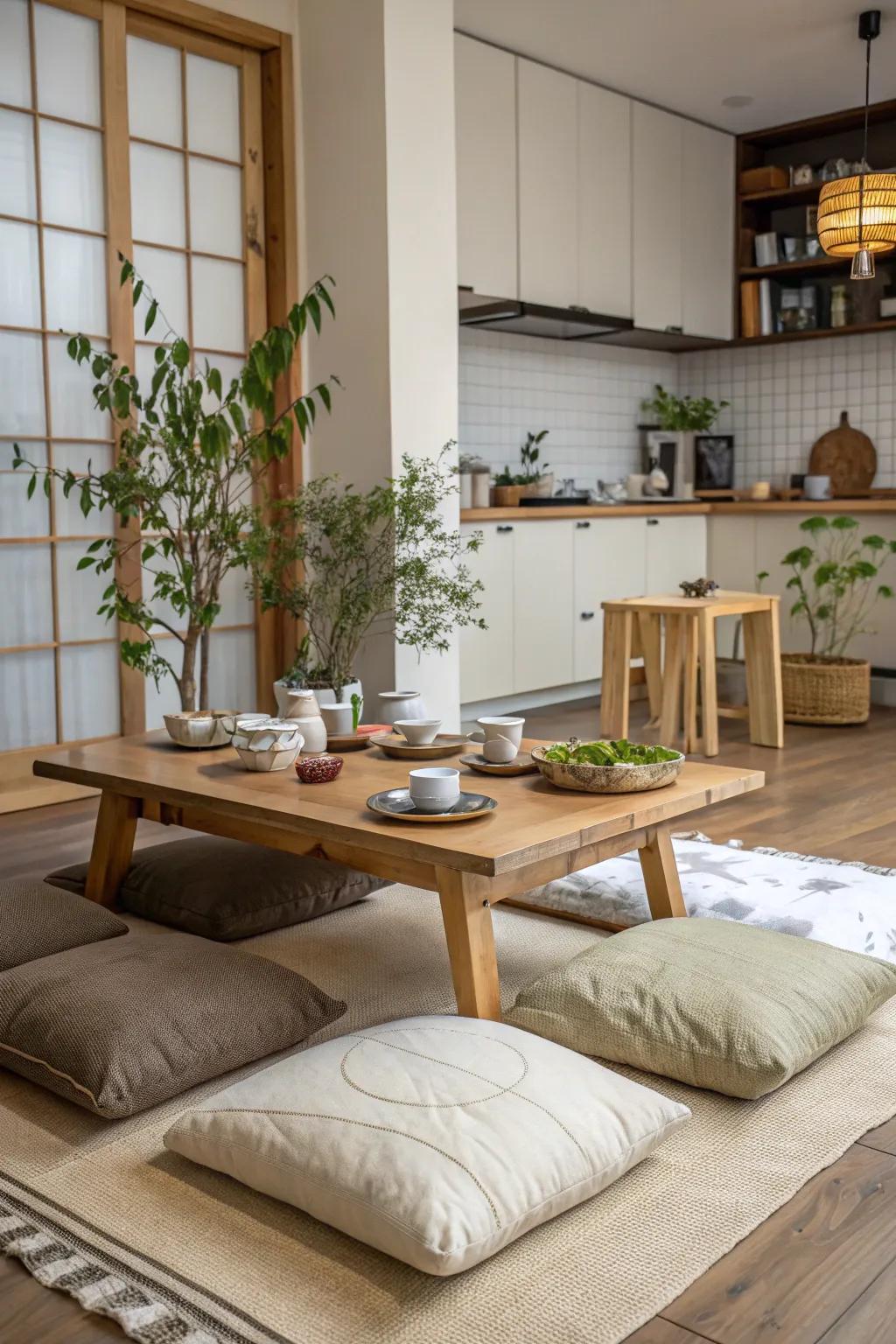 Floor pillows bring a cozy, informal vibe.