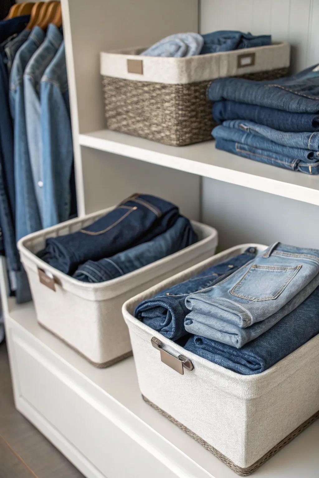 Textile baskets offer a sophisticated storage solution for jeans.