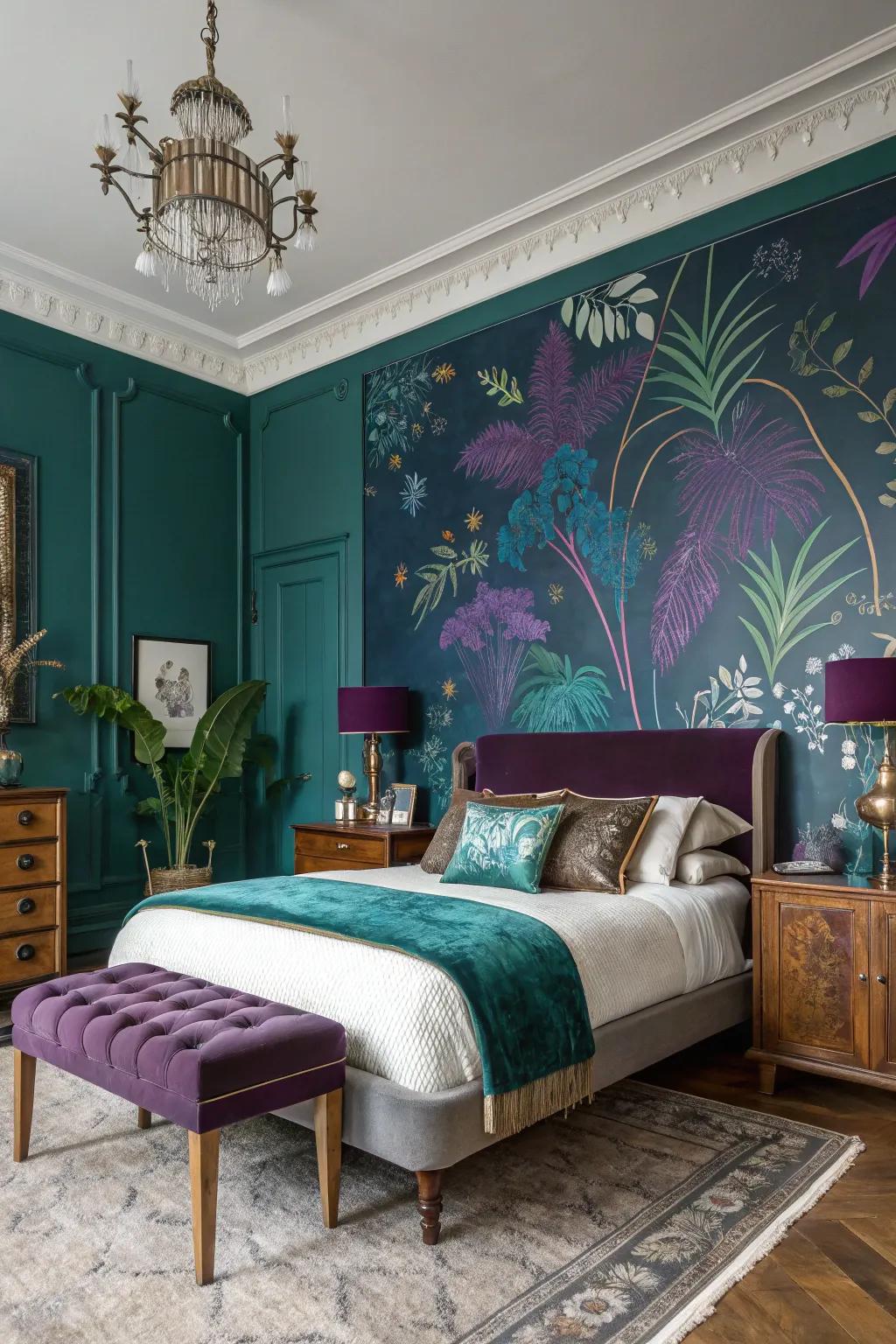 Creative wall murals featuring jewel tones introduce an exclusive and sophisticated accent.