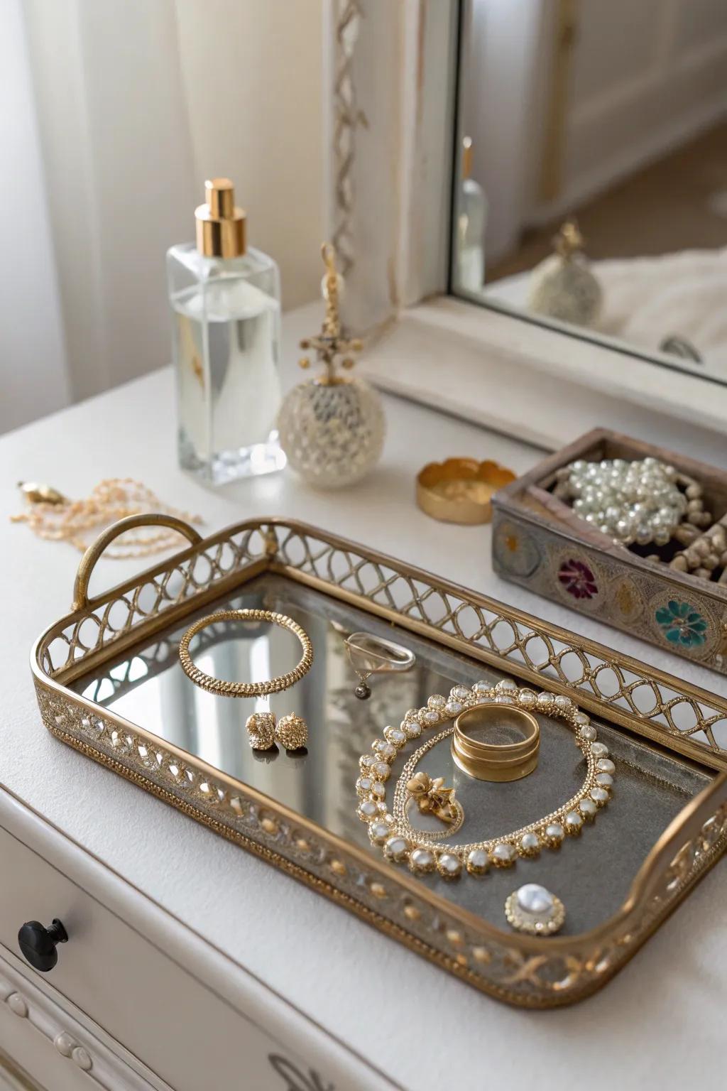 An antique mirror stand for a glamorous jewelry display