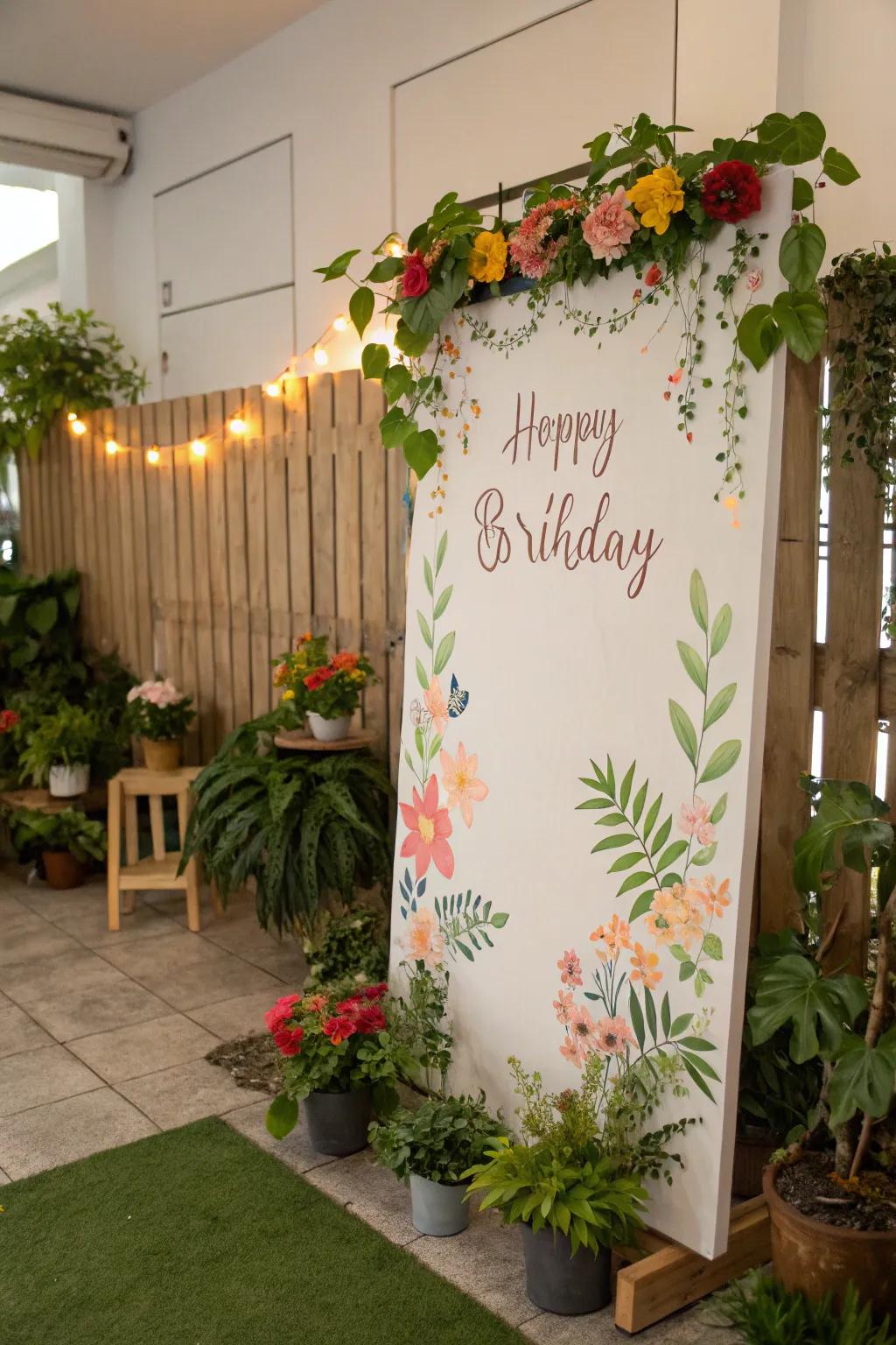 A garden party-themed birthday board showcasing the natural beauty of summer.