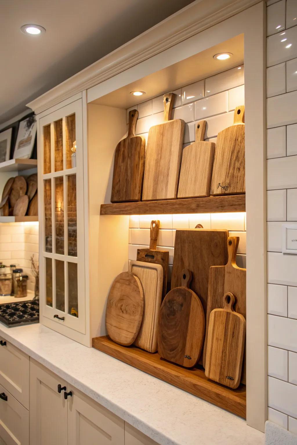 A wall recess becomes a unique showcase for chopping surfaces.