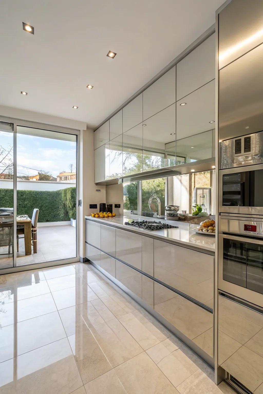Mirrored coatings enhance light and area, making kitchens feel more expansive.