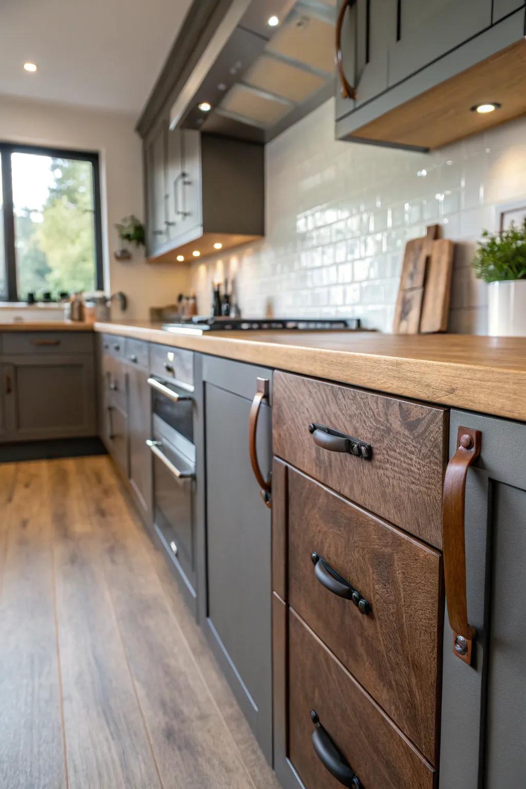 Leather highlights inject warmth and luxury into kitchen décor.