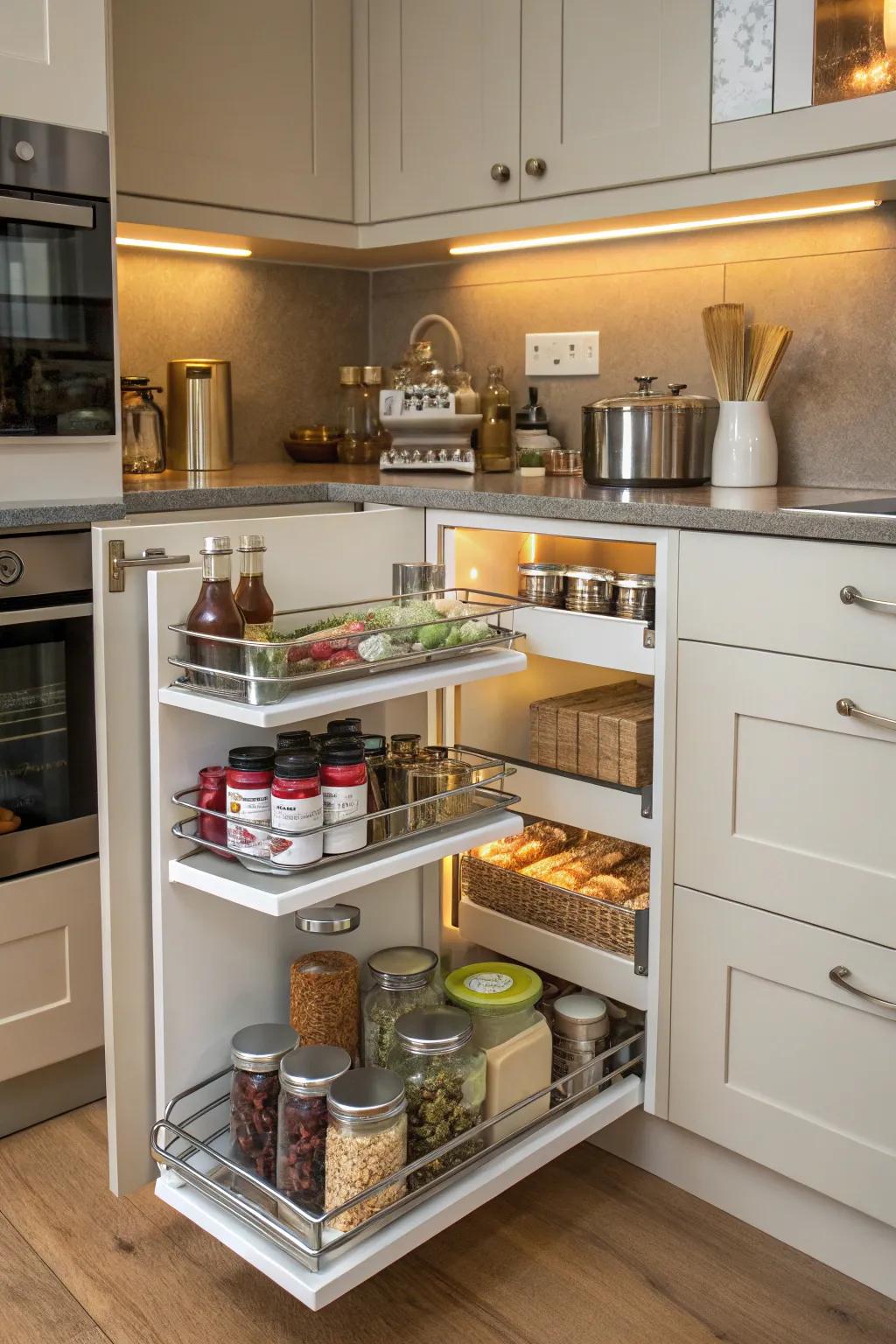 Rotating corner systems transform dead space into functional storage.