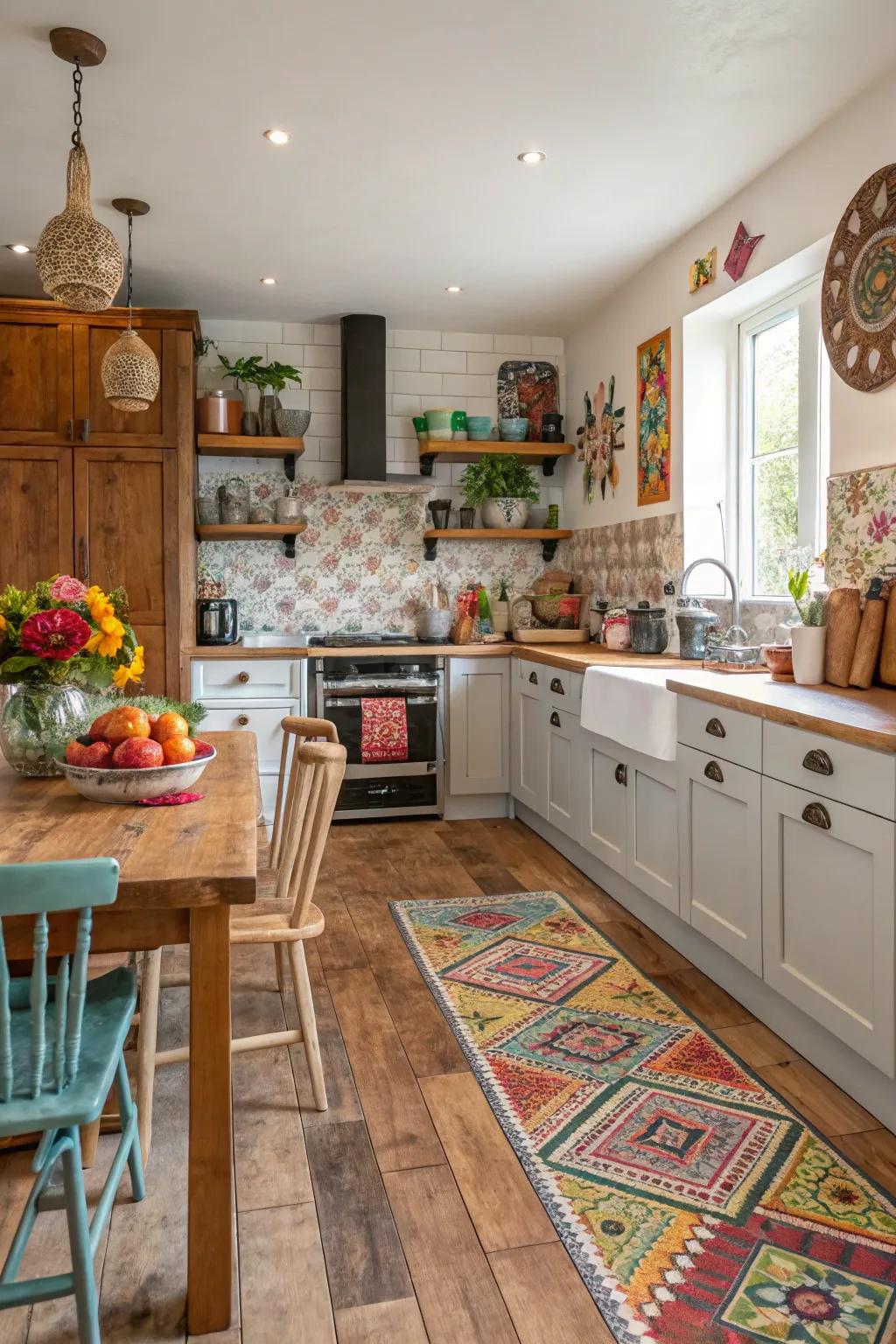 Mix materials for a unique kitchen floor.