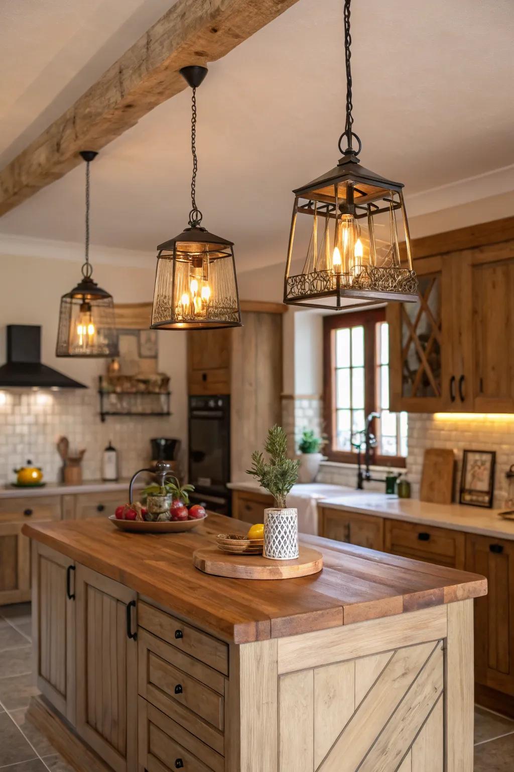 Timber touches in lighting pieces bring warmth to the kitchen.