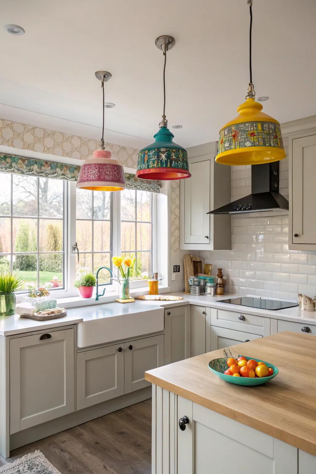 A pop of color in light fixtures adds personality and uniqueness to this kitchen.