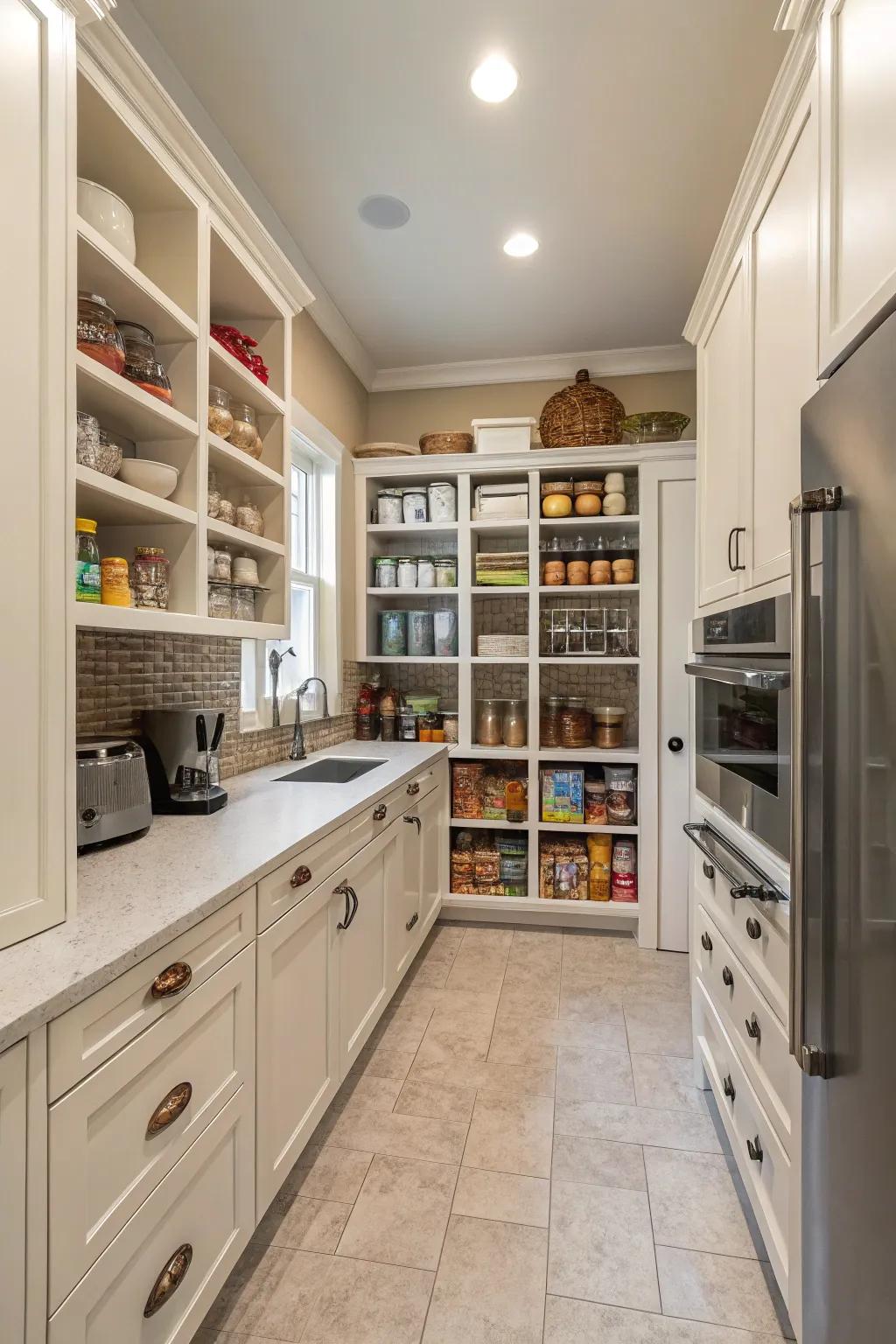 A kitchen featuring a walk-in pantry for optimal storage.