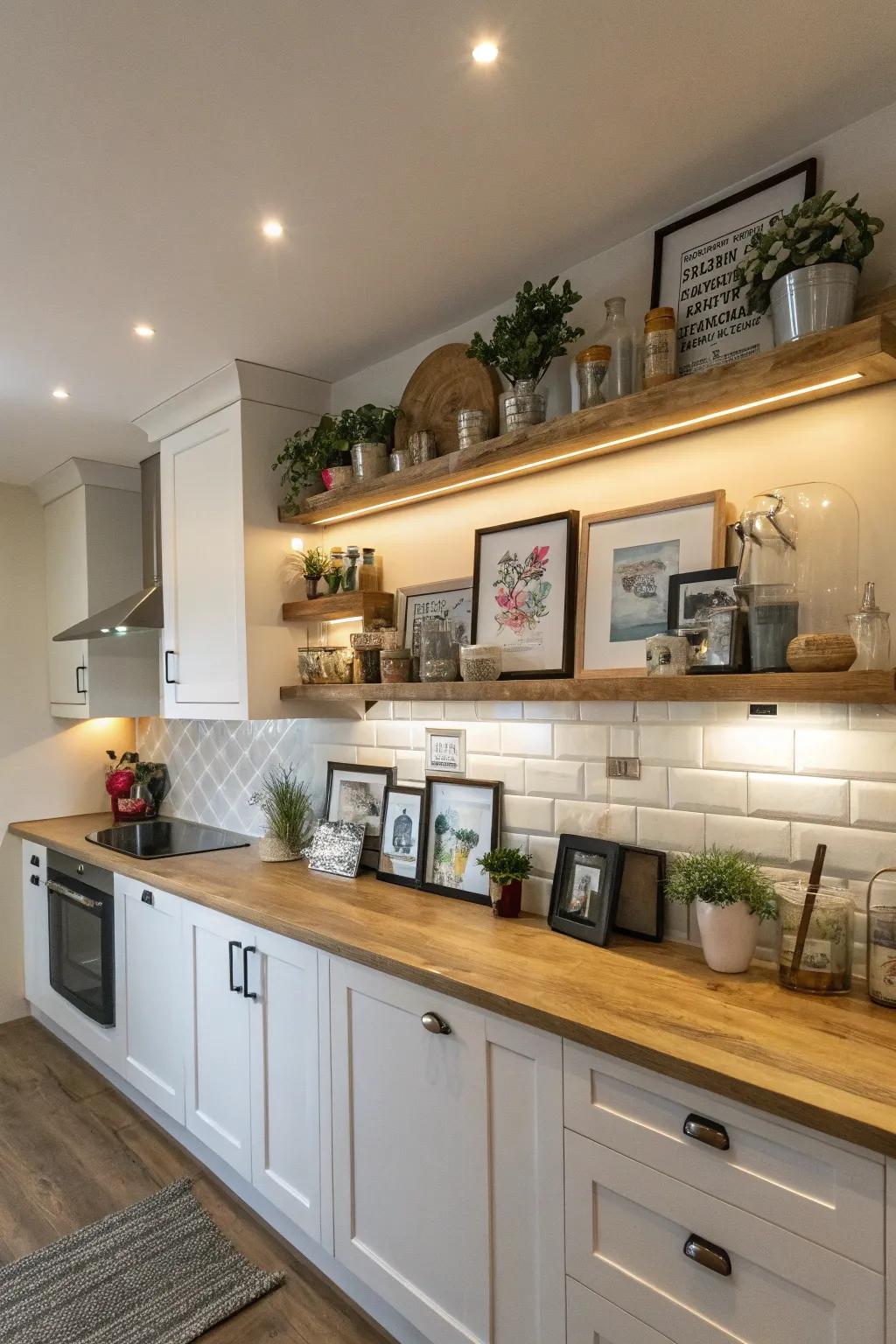 The soffit is used as a display ledge to showcase adaptable and vibrant kitchen décor.