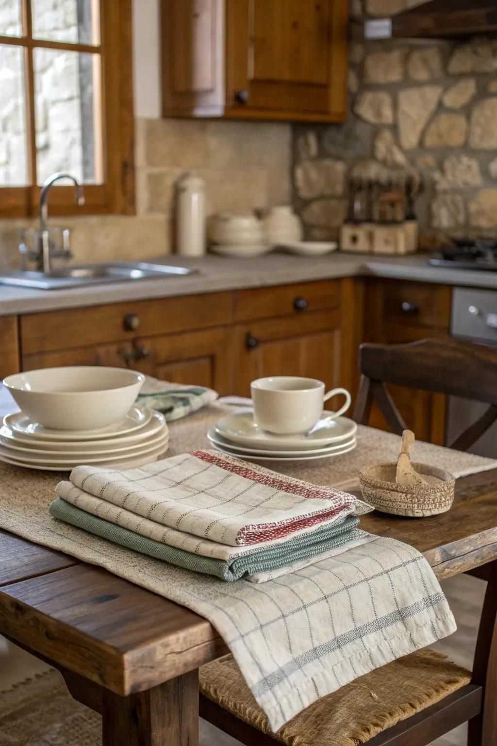 Cloths as table settings offer a cozy and rustic vibe.