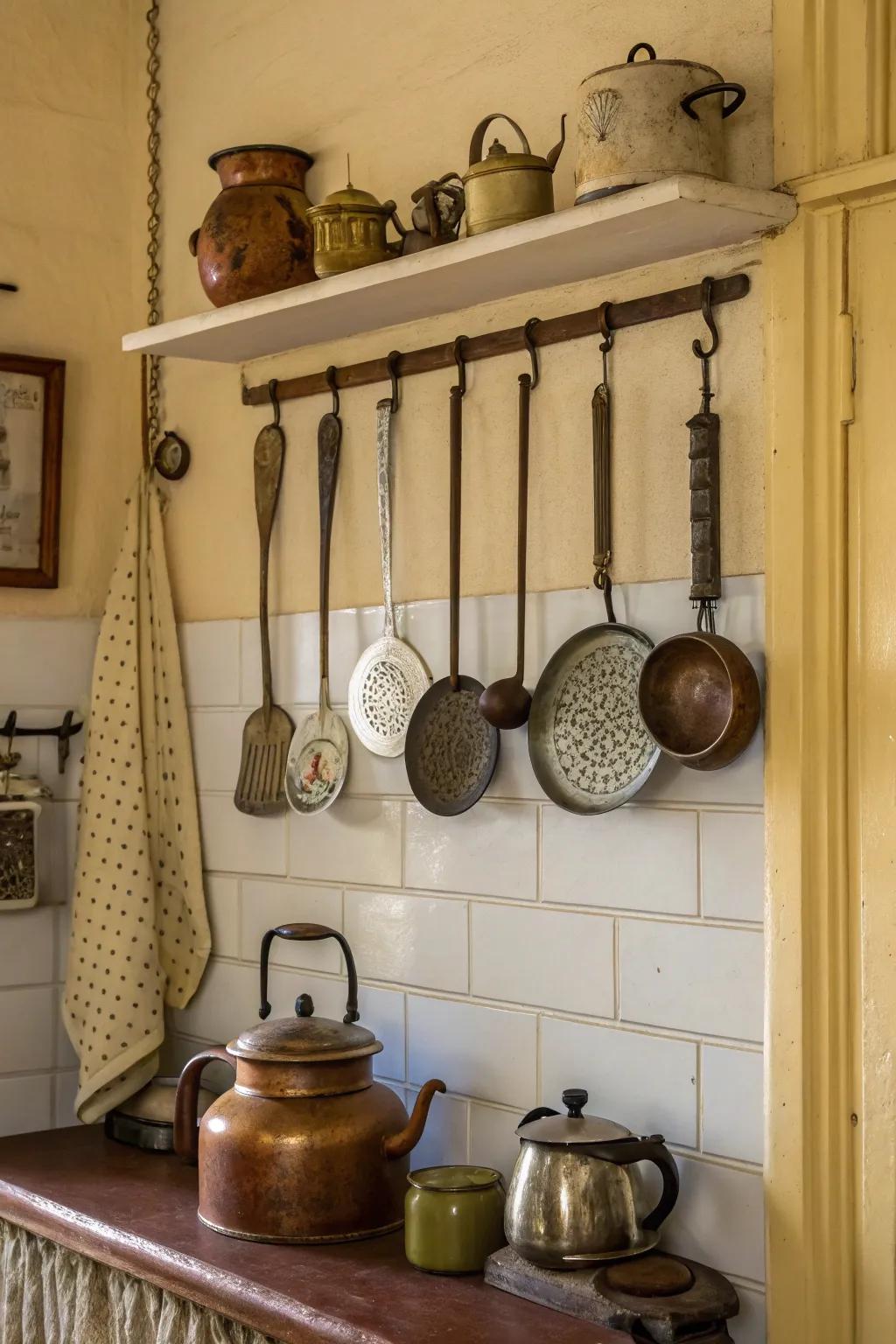 A kitchen displaying vintage utensils, adding a charming narrative.