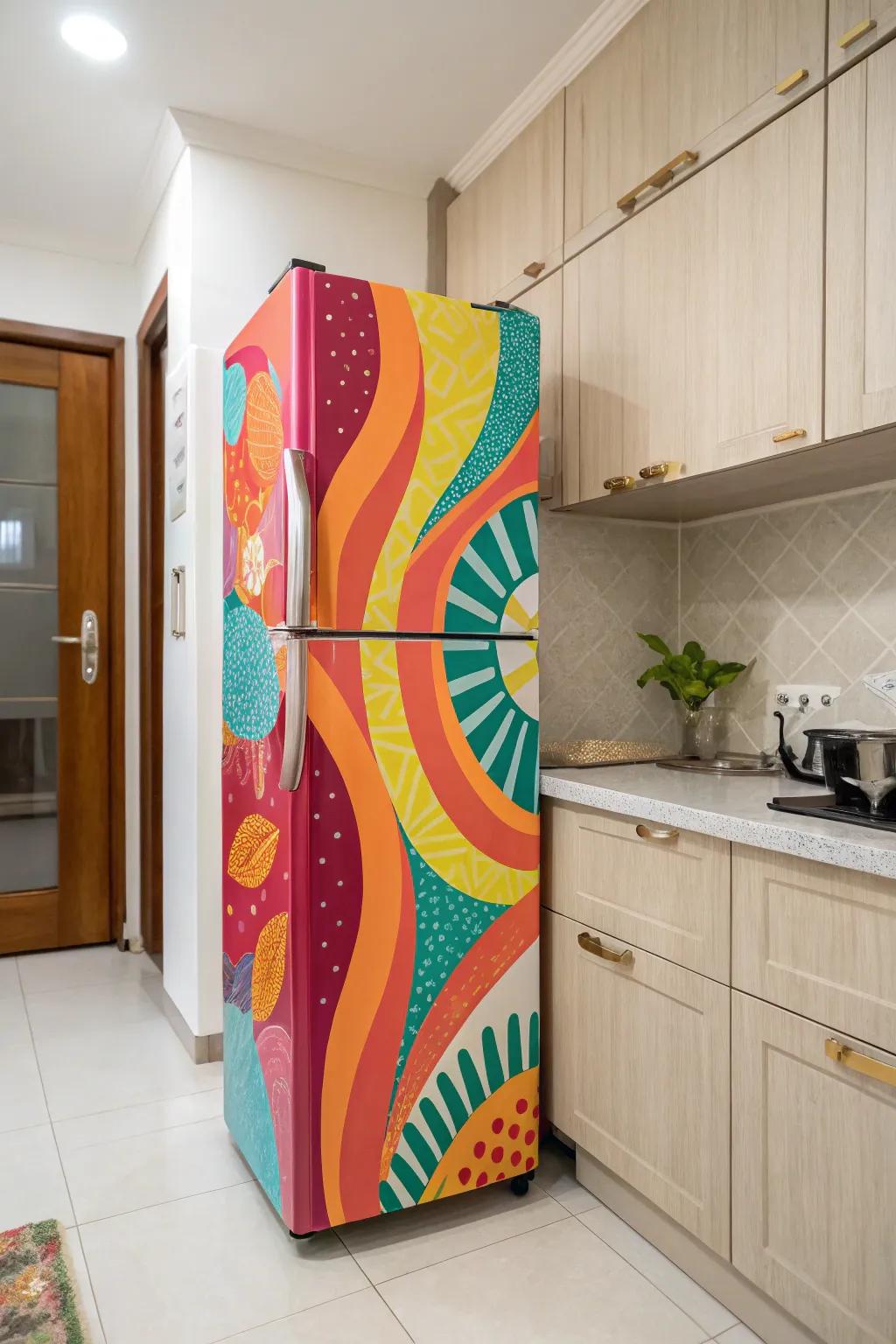 A vividly hued refrigerator stands as a focal point within a kitchen of subdued tones.
