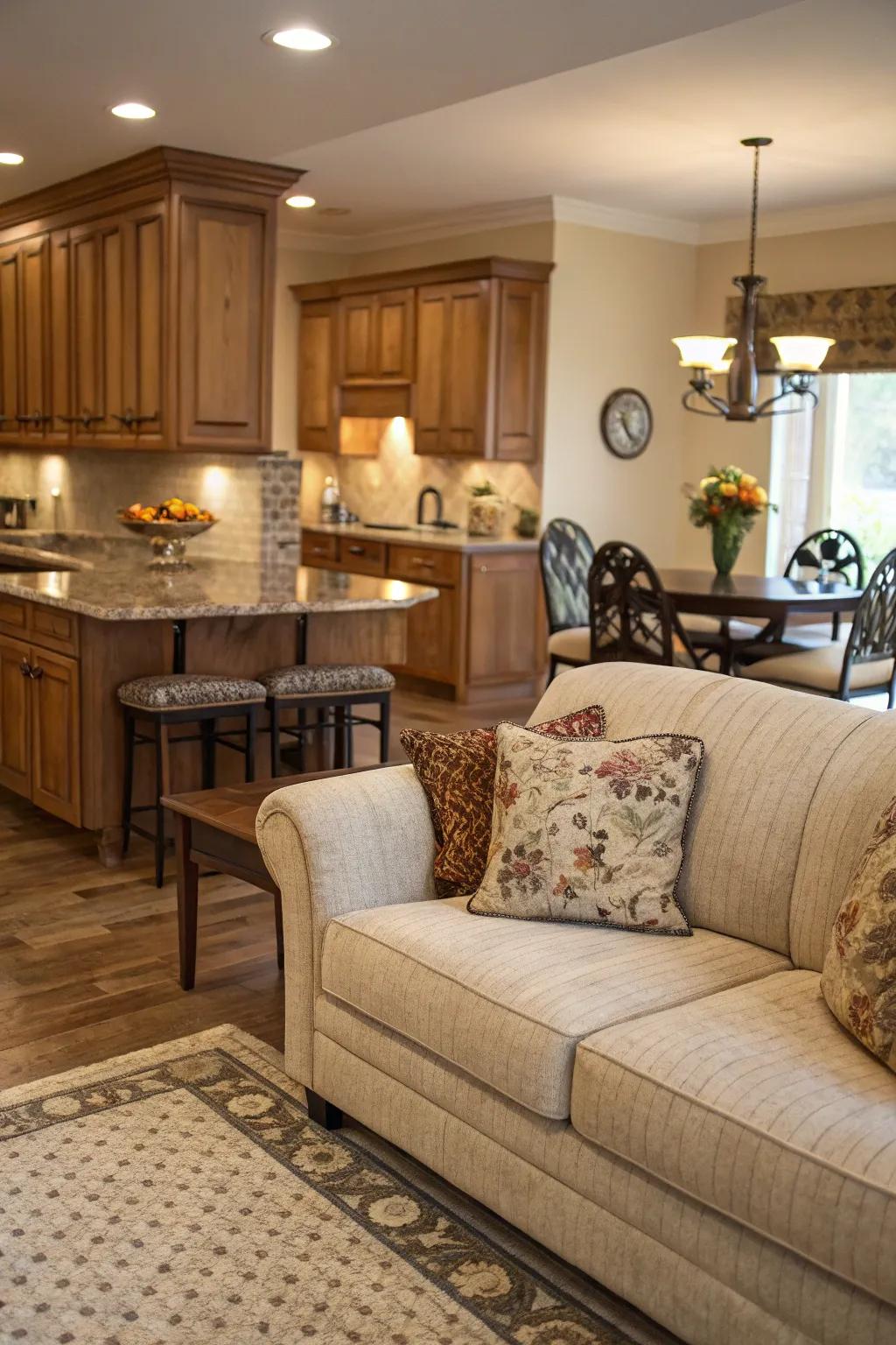 A cooking area where the settee acts as a visual center of attention, inviting conversation.