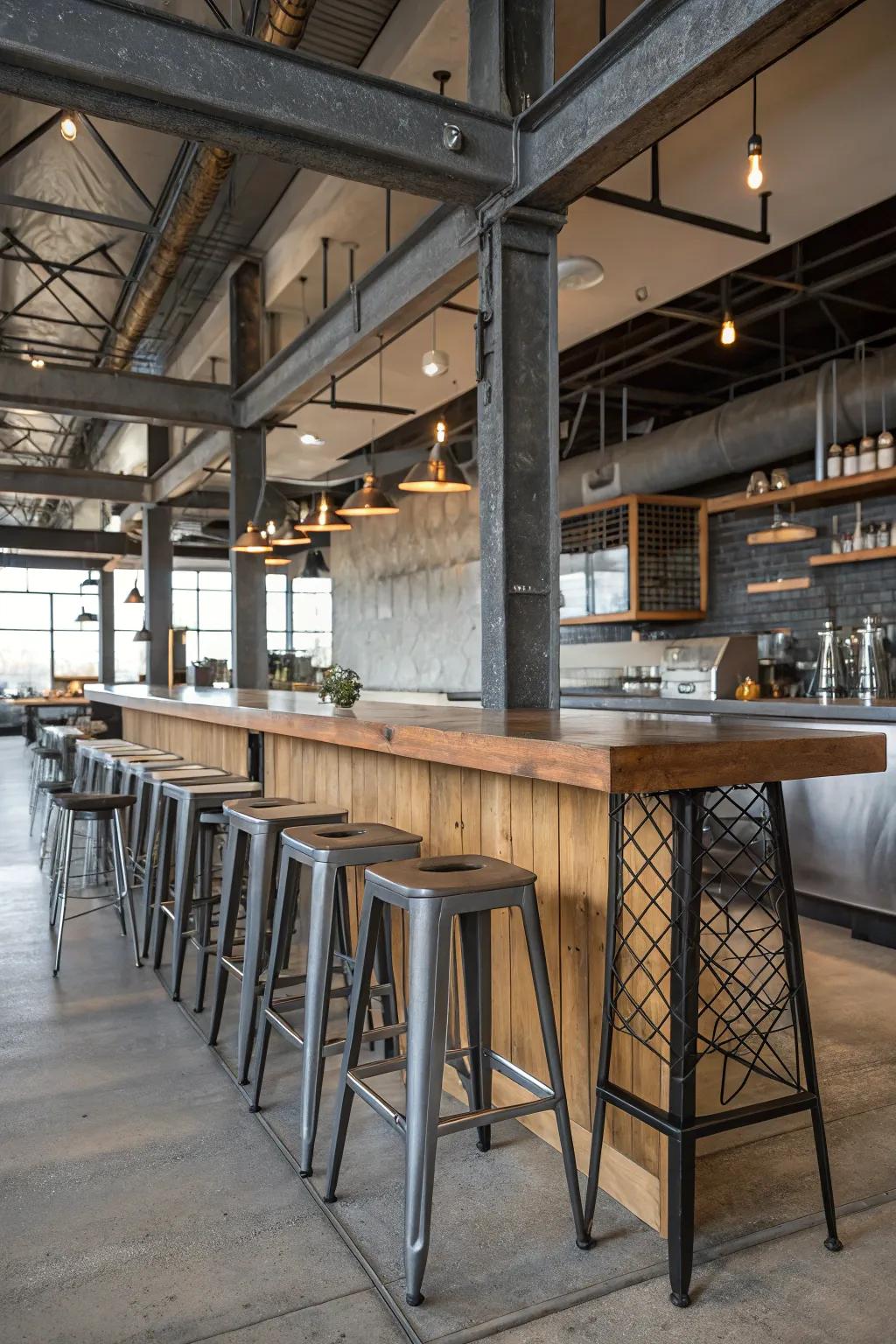 A loft-inspired breakfast bar featuring alloy stools and exposed beams.