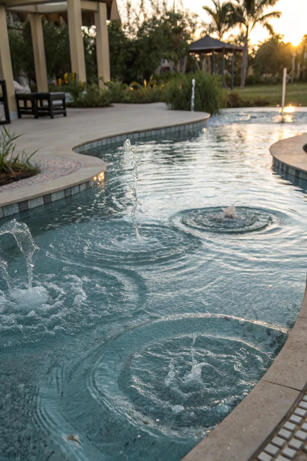 Bubblers contribute playfulness and sound to lagoon pools.