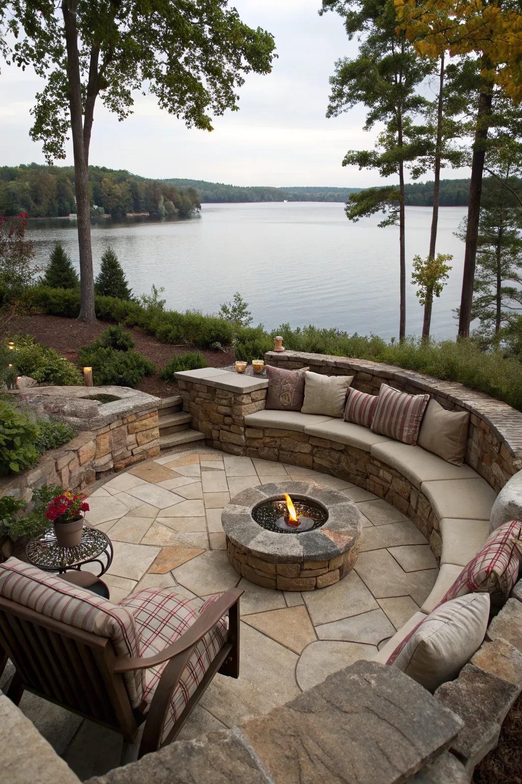 A ground fire pit design offers a private and intimate lakeside space.