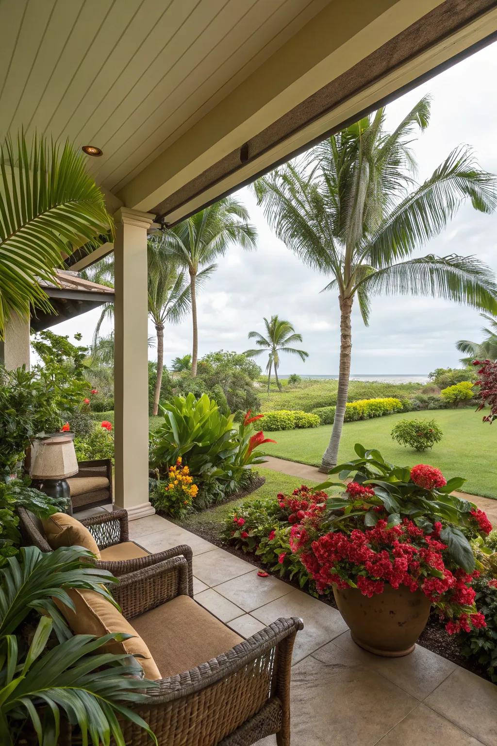 Tropical plants bring a vibrant, exotic feel to this lanai.