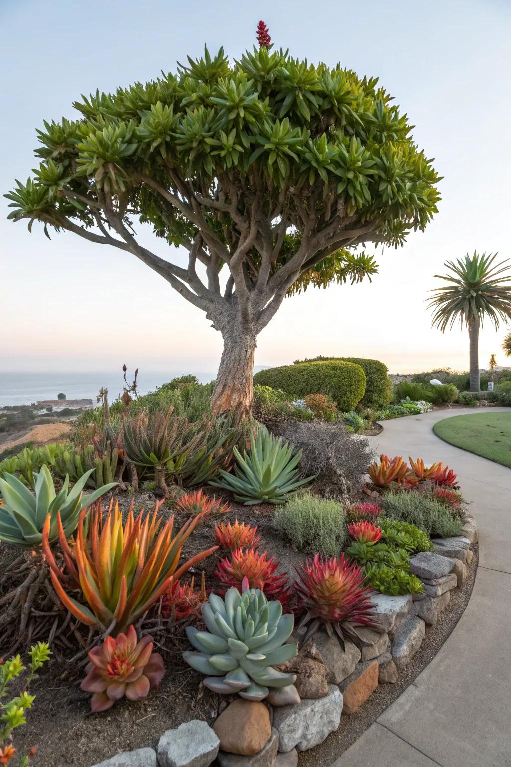 A succulent bed imparts intriguing shapes and hues encircling trees.