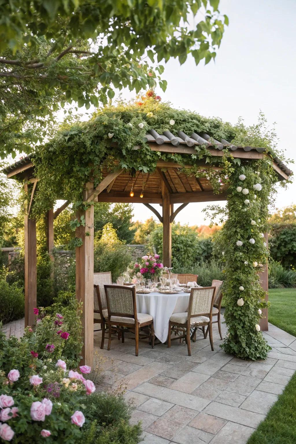 A plank gazebo provides a stylish shelter for outdoor dining.