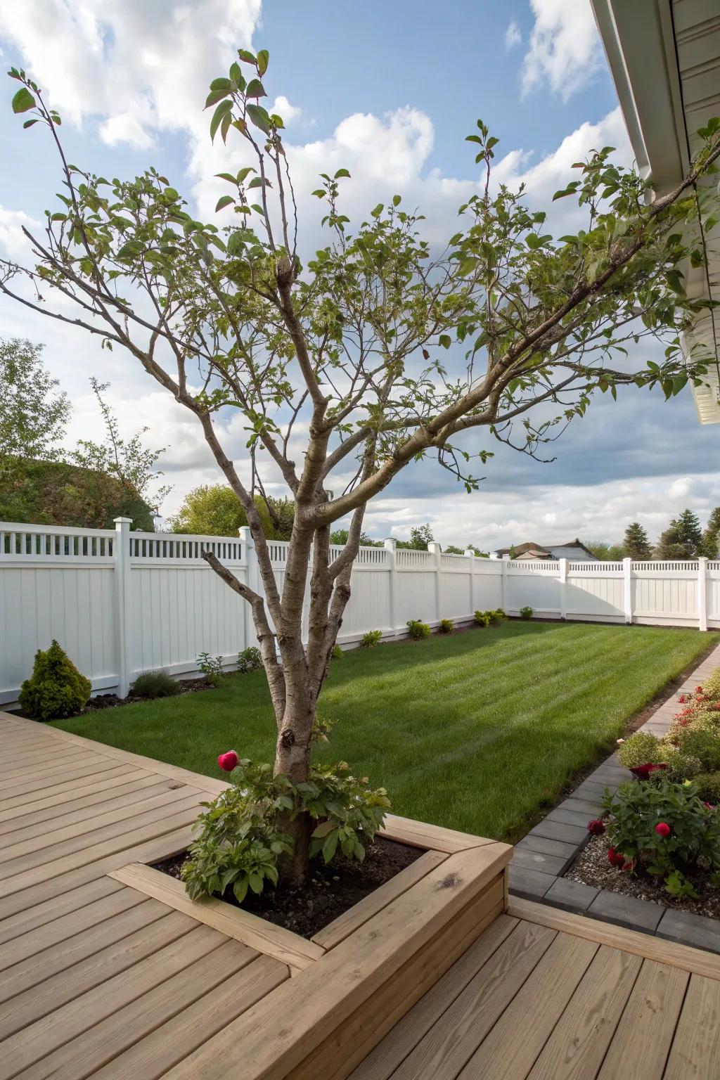 A tree integrated into a wooden floor, offering a cozy outdoor living area.