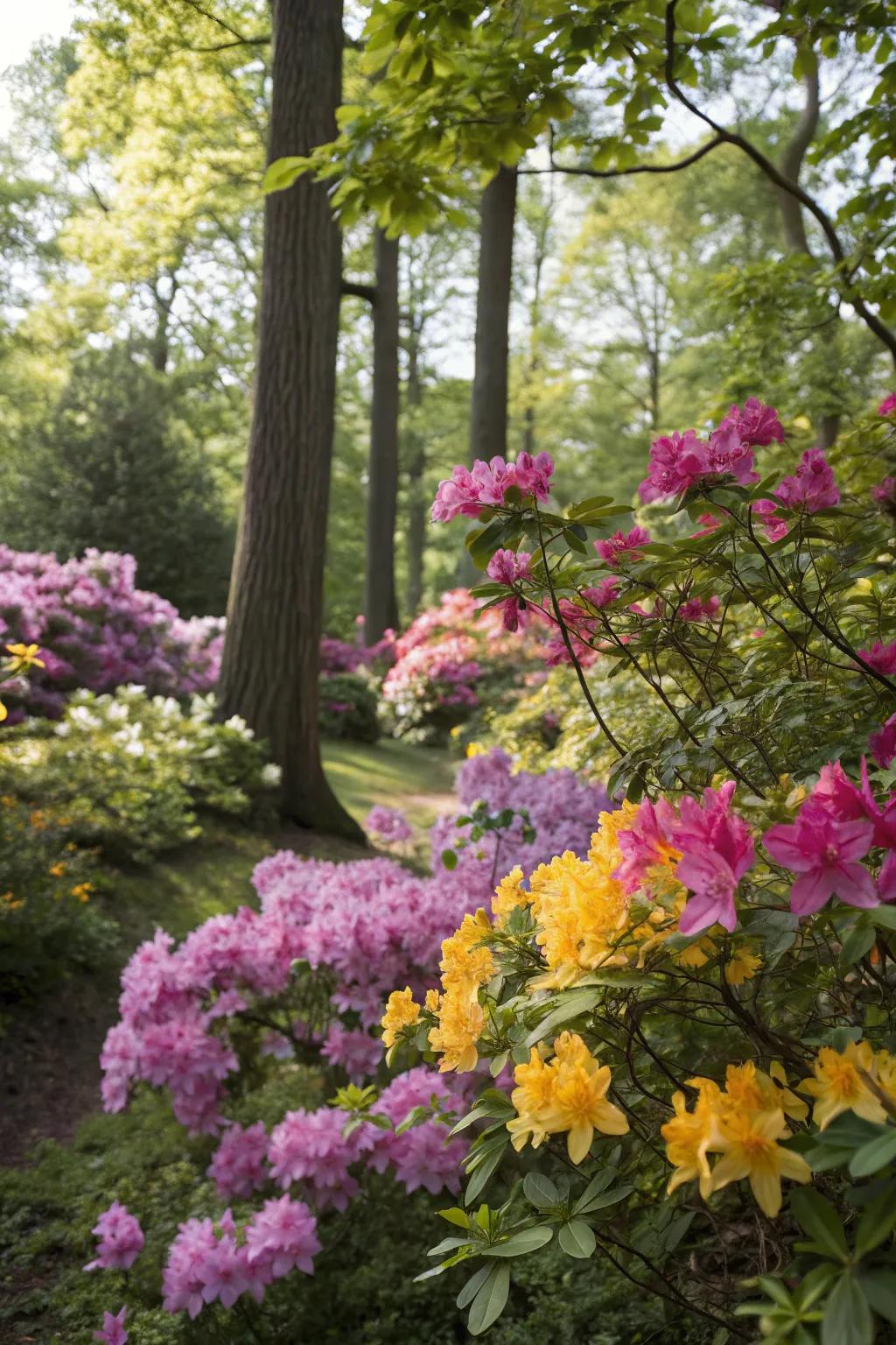 Radiant florals enriching chroma to a shadowed woodland garden.