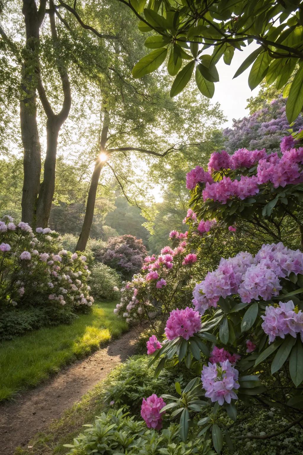 Rhododendrons delivering vibrancy to a serene shaded garden.