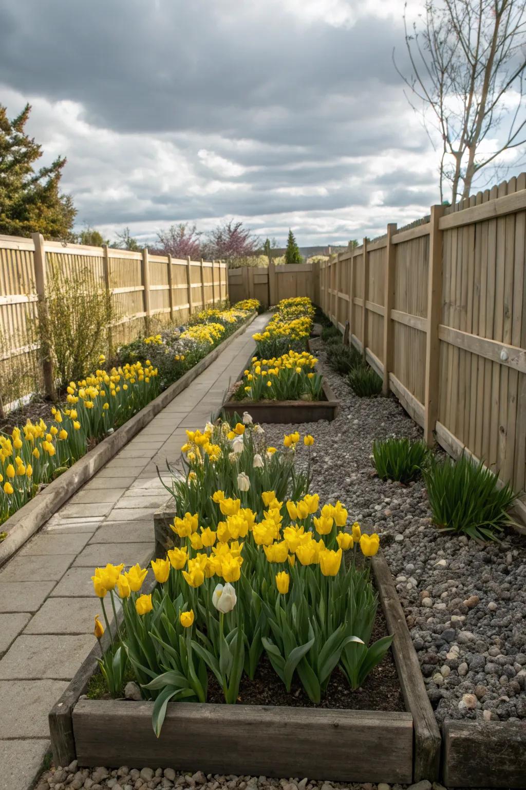 A small garden space made larger by a cohesive planting of single-color tulips.