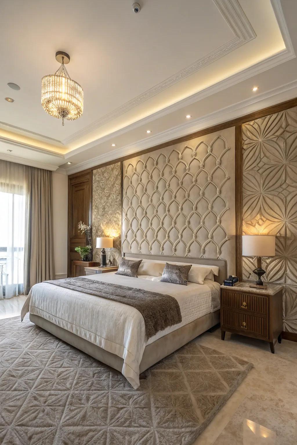 Wall finishes enrich the elegance and texture of this ample boudoir.