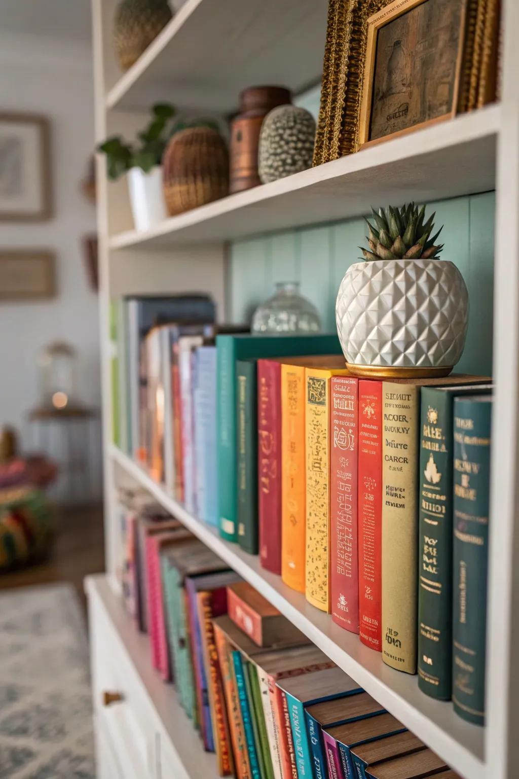 A varied layout imparts vibrancy and character to this bookshelf arrangement.