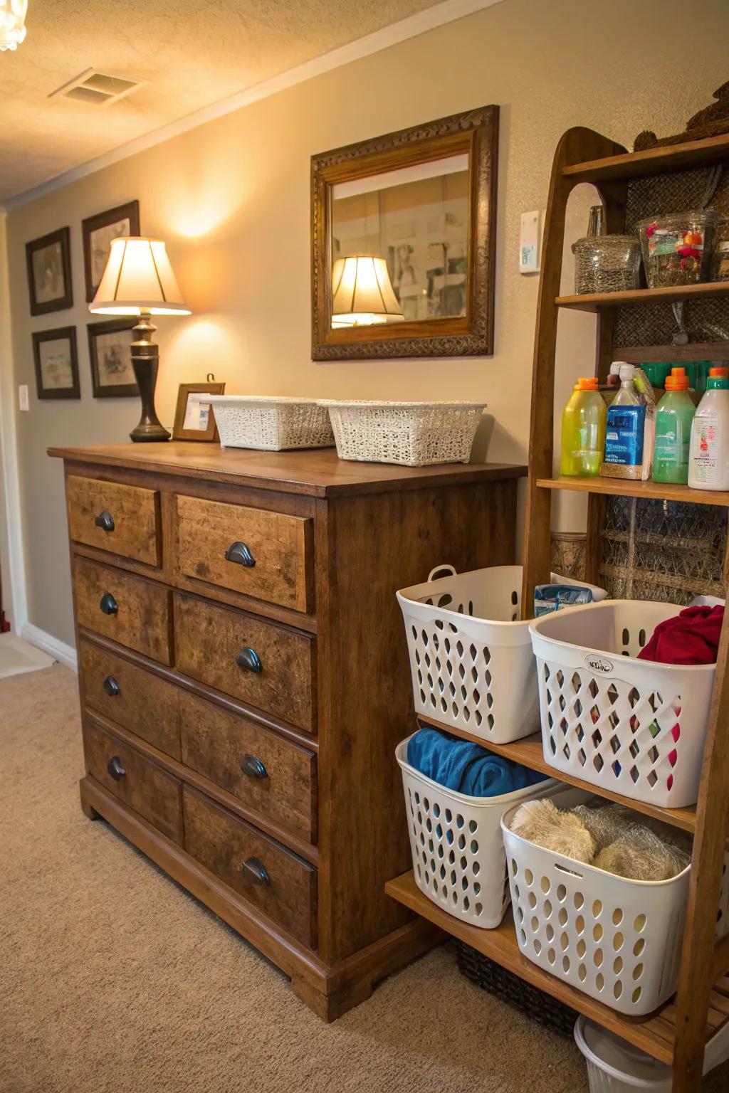 Upcycled furniture brings unique charm to laundry storage.